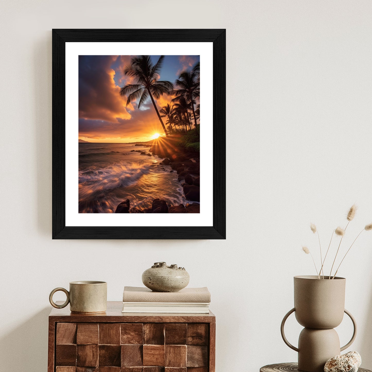 Poster Tropische Insel Mit Palmen Und Sonnenuntergang Rahmen Holz Mit Passepartout Farbe Natürlich