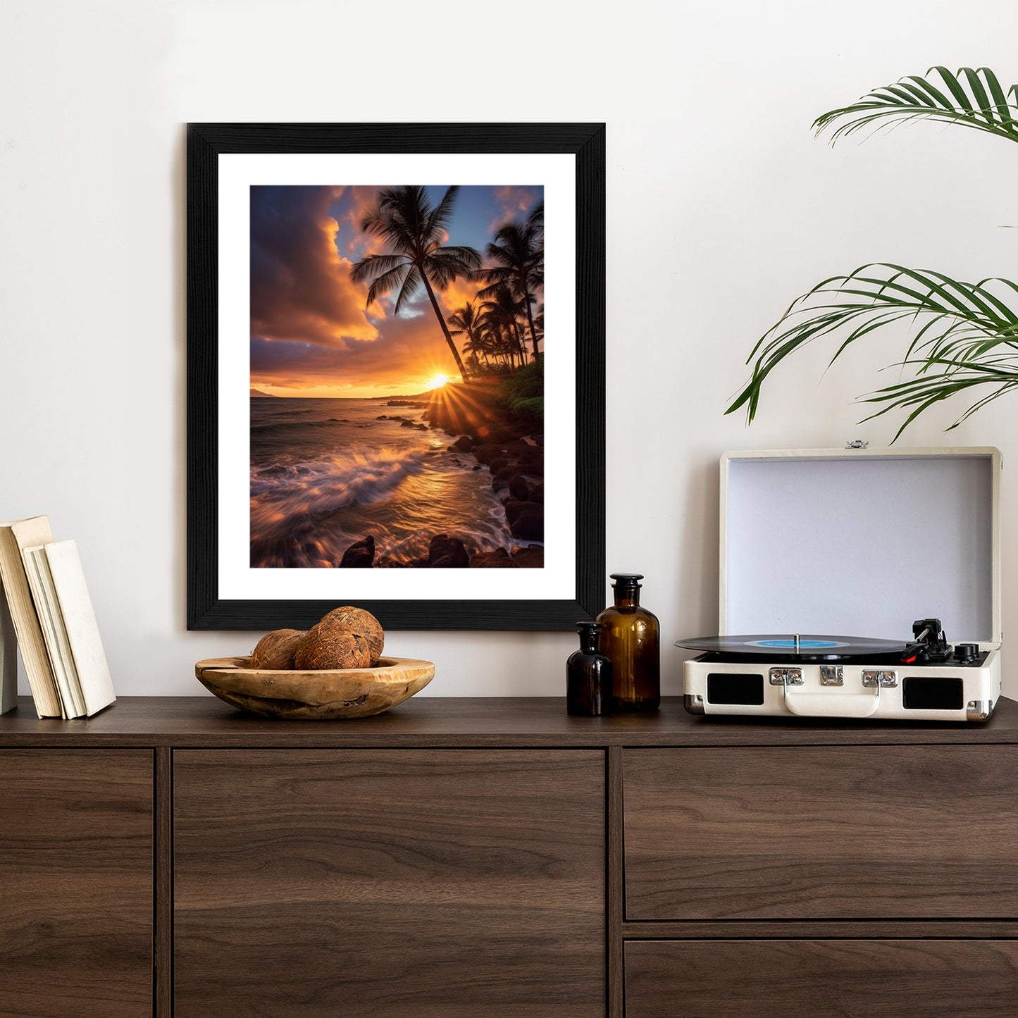 Poster Tropische Insel Mit Palmen Und Sonnenuntergang Rahmen Holz Mit Passepartout Farbe Natürlich