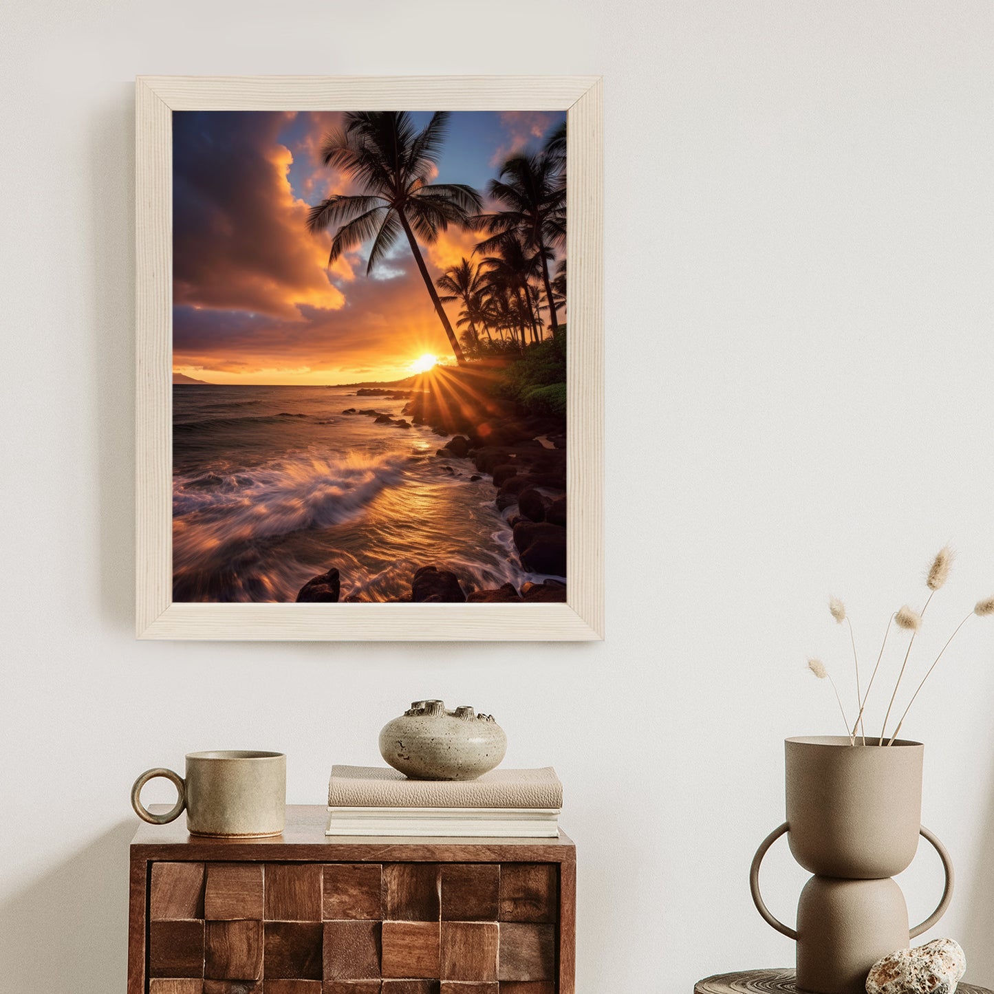 Poster Tropische Insel Mit Palmen Und Sonnenuntergang Rahmen Holz Mit Passepartout Farbe Natürlich