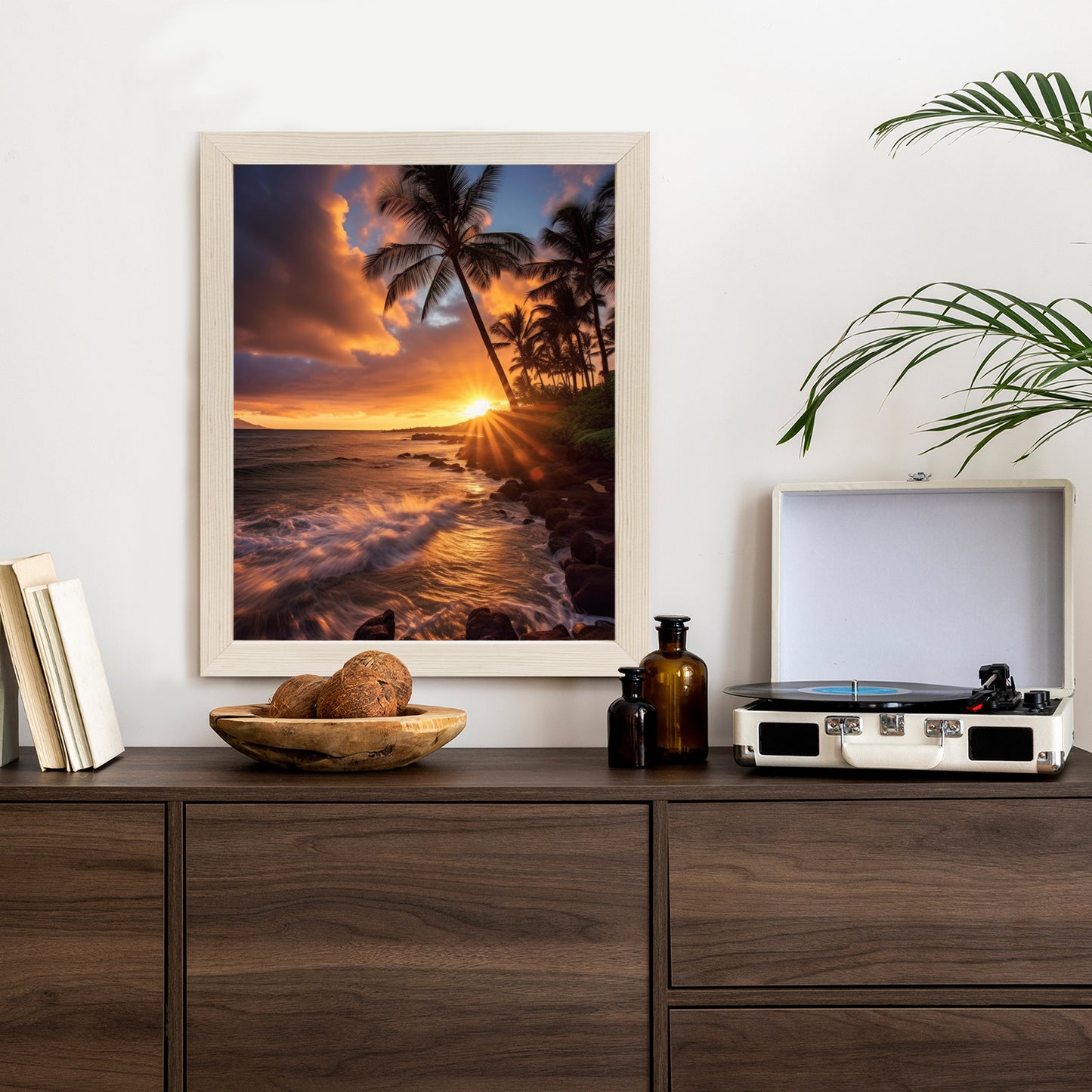 Poster Tropische Insel Mit Palmen Und Sonnenuntergang Rahmen Holz Mit Passepartout Farbe Natürlich
