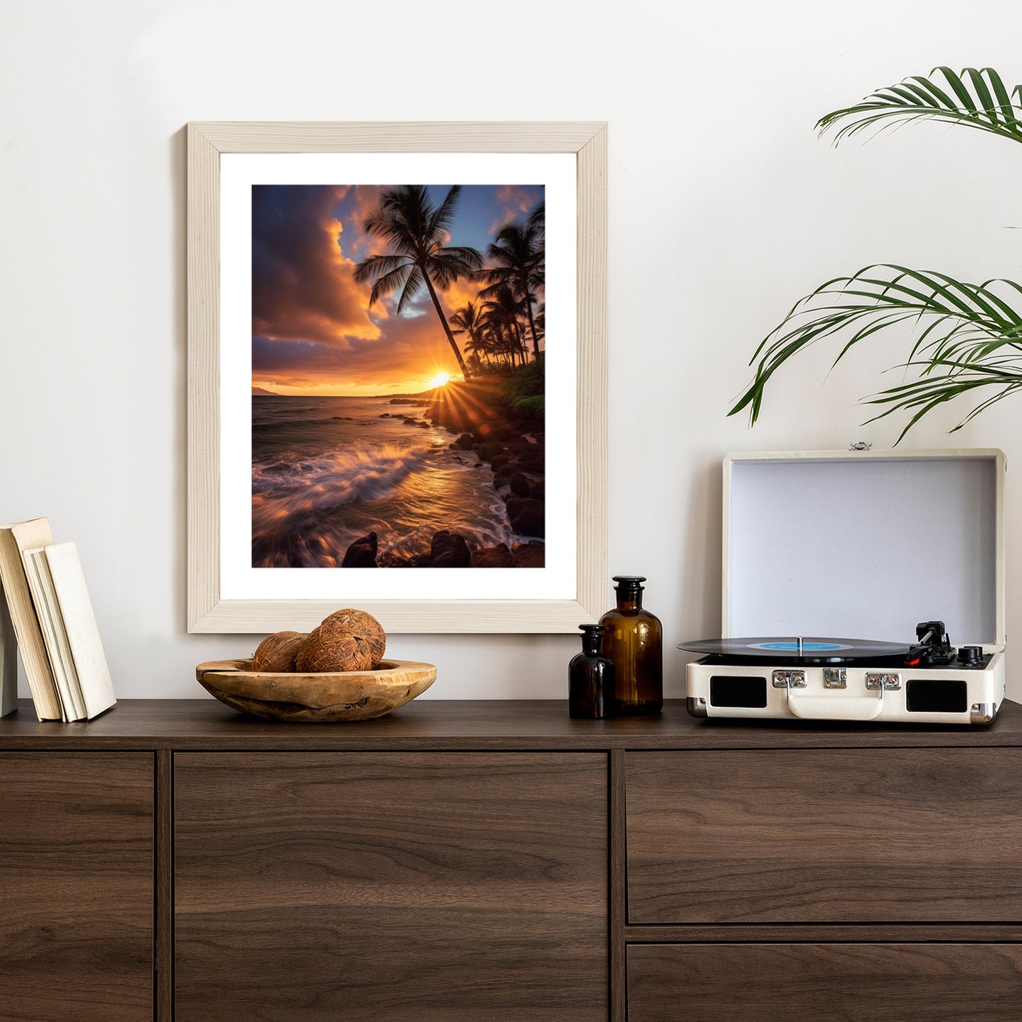 Poster Tropische Insel Mit Palmen Und Sonnenuntergang Rahmen Holz Mit Passepartout Farbe Natürlich
