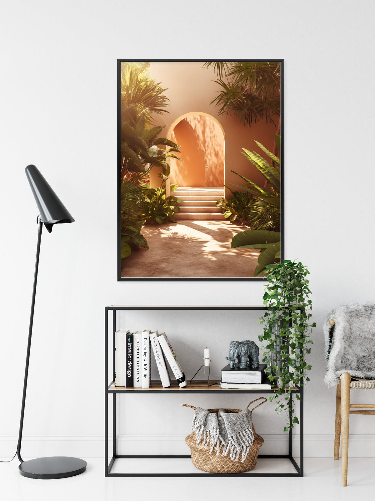 Poster Mexikanische Tür, Treppen Und Palmen Rahmen Holz Mit Passepartout Farbe Natürlich