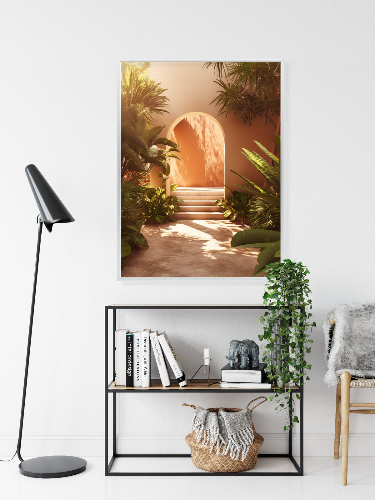 Poster Mexikanische Tür, Treppen Und Palmen Rahmen Holz Mit Passepartout Farbe Natürlich