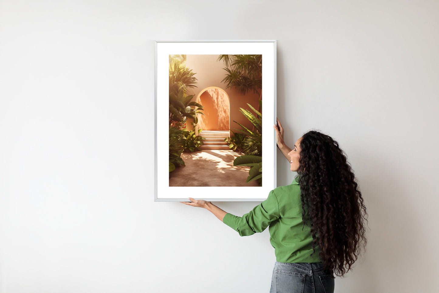 Poster Mexikanische Tür, Treppen Und Palmen Rahmen Holz Mit Passepartout Farbe Natürlich