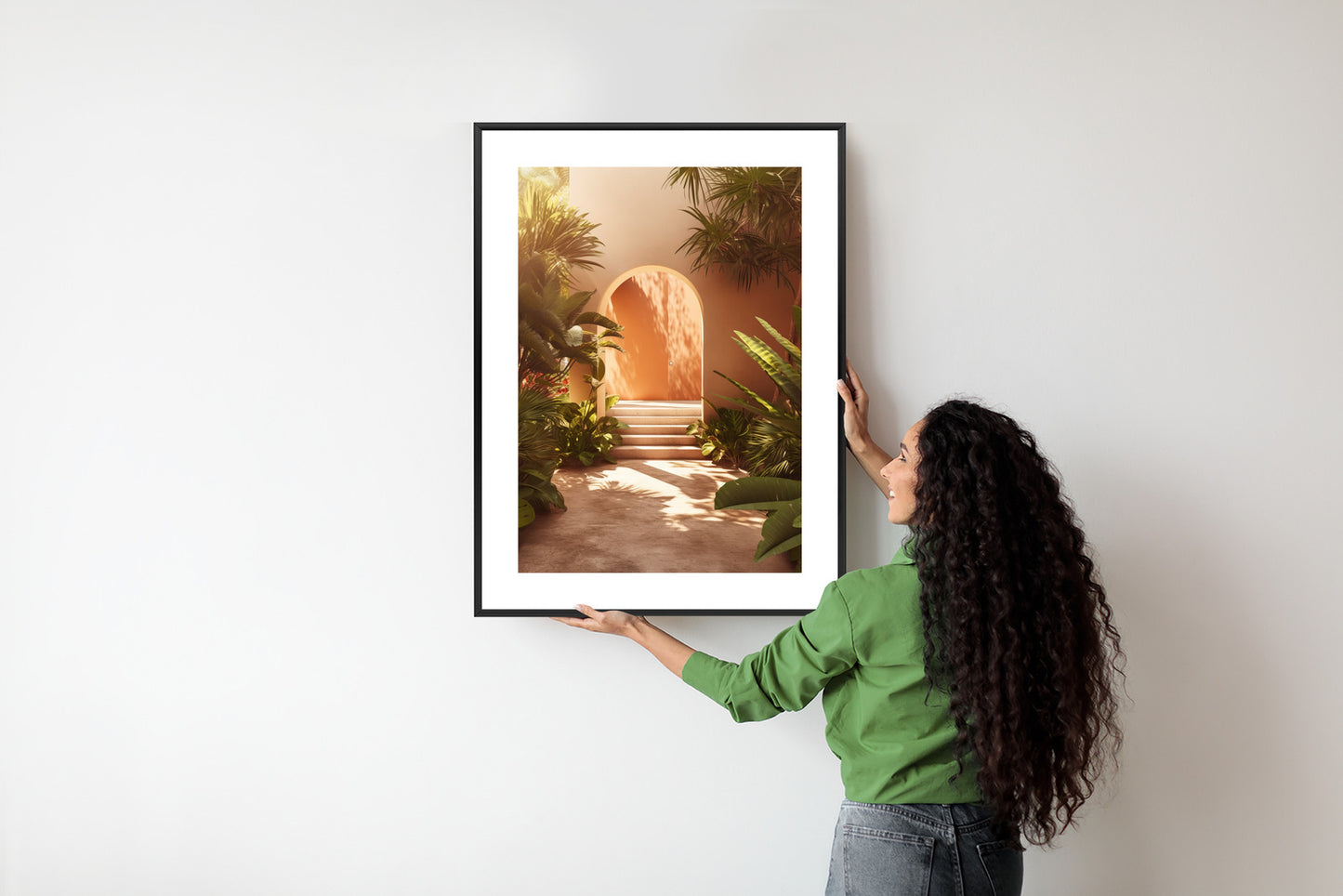 Poster Mexikanische Tür, Treppen Und Palmen Rahmen Holz Mit Passepartout Farbe Natürlich