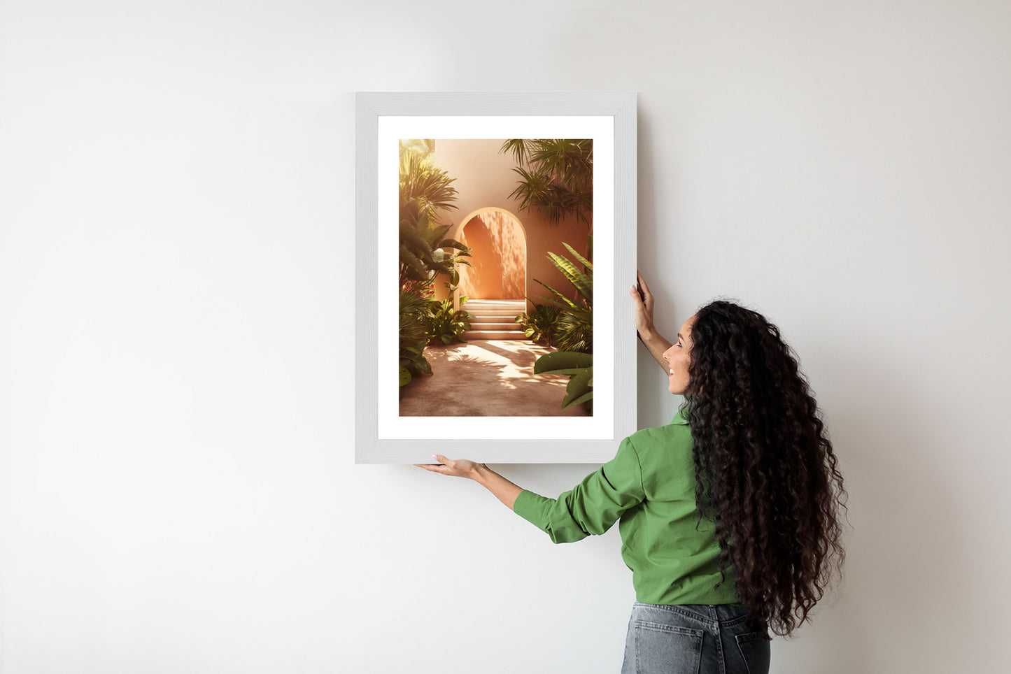 Poster Mexikanische Tür, Treppen Und Palmen Rahmen Holz Mit Passepartout Farbe Natürlich