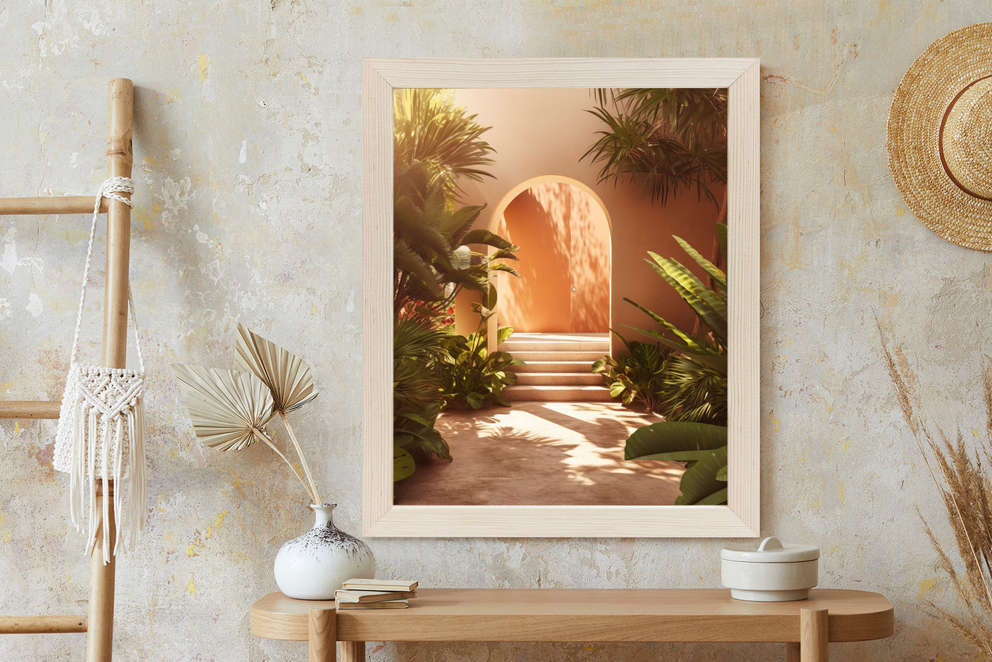 Poster Mexikanische Tür, Treppen Und Palmen Rahmen Holz Mit Passepartout Farbe Natürlich