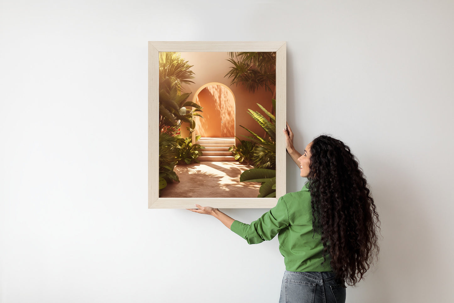 Poster Mexikanische Tür, Treppen Und Palmen Rahmen Holz Mit Passepartout Farbe Natürlich