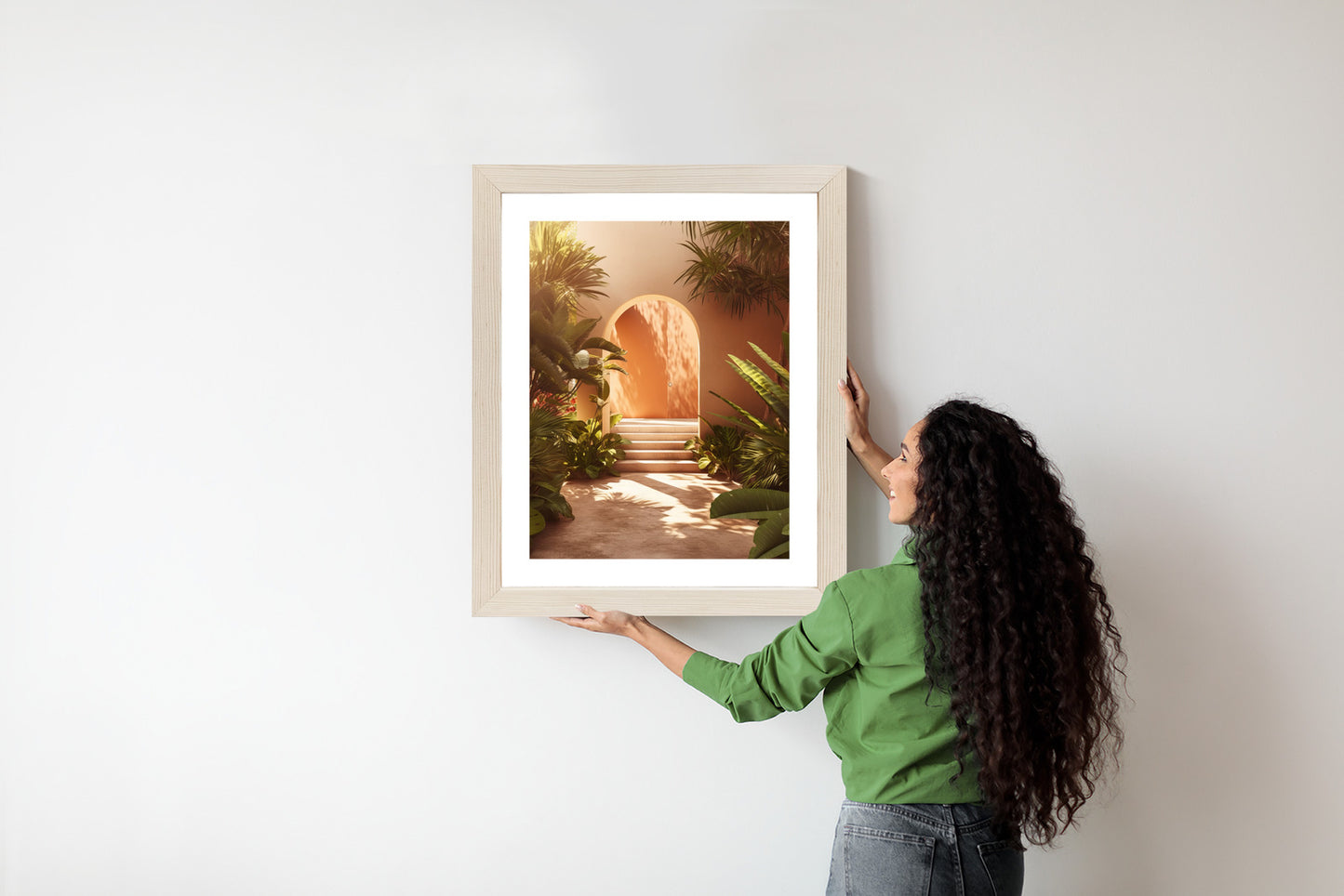 Poster Mexikanische Tür, Treppen Und Palmen Rahmen Holz Mit Passepartout Farbe Natürlich