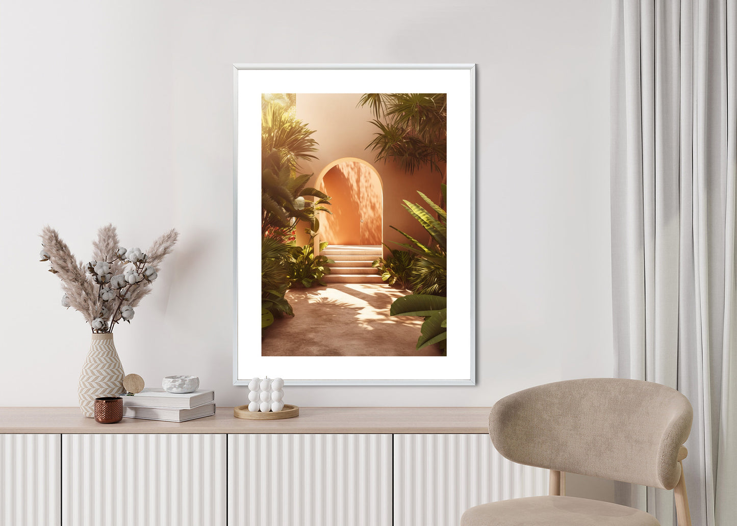 Poster Mexikanische Tür, Treppen Und Palmen Rahmen Holz Mit Passepartout Farbe Natürlich