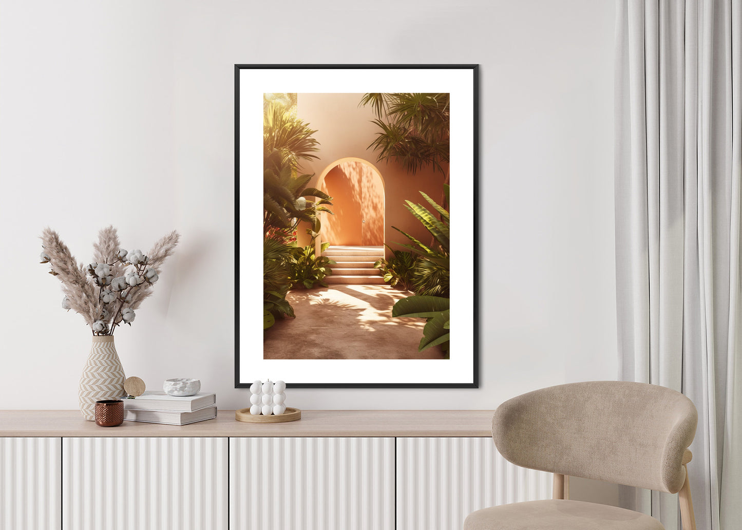 Poster Mexikanische Tür, Treppen Und Palmen Rahmen Holz Mit Passepartout Farbe Natürlich