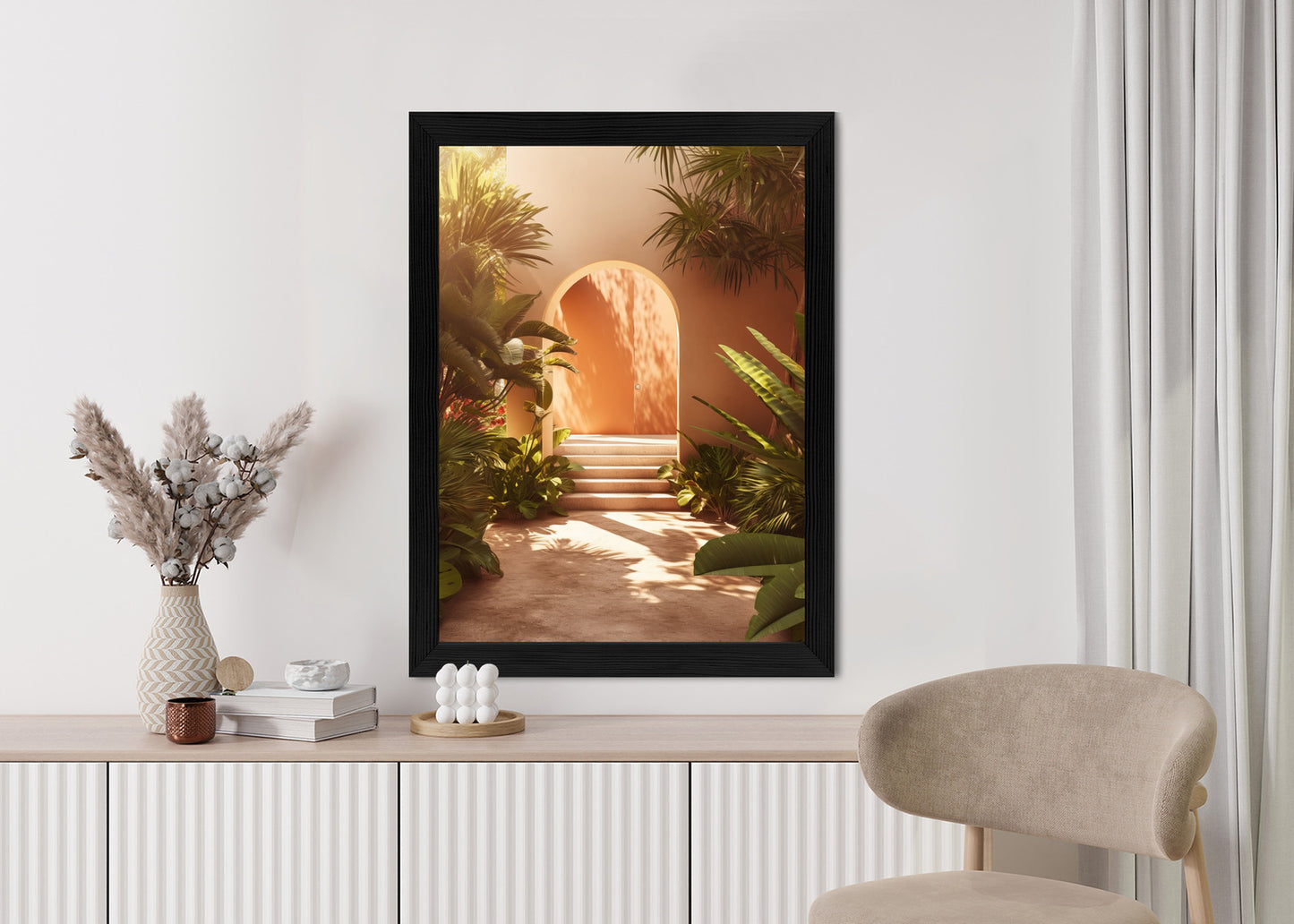 Poster Mexikanische Tür, Treppen Und Palmen Rahmen Holz Mit Passepartout Farbe Natürlich