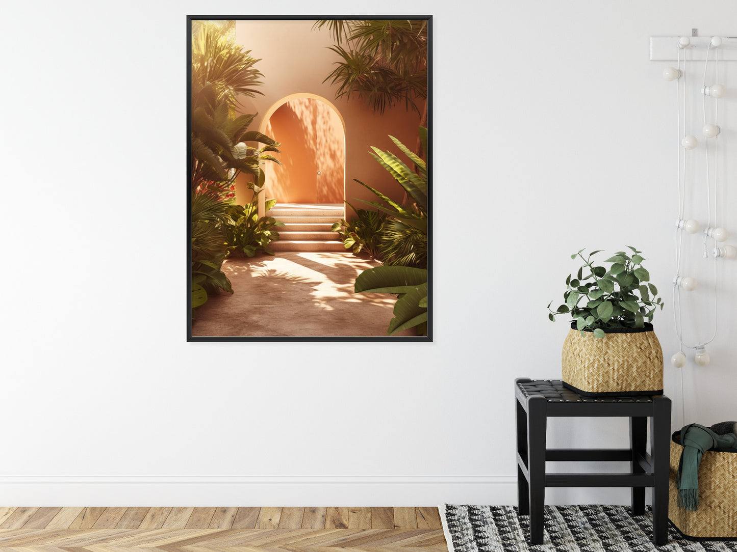 Poster Mexikanische Tür, Treppen Und Palmen Rahmen Holz Mit Passepartout Farbe Natürlich