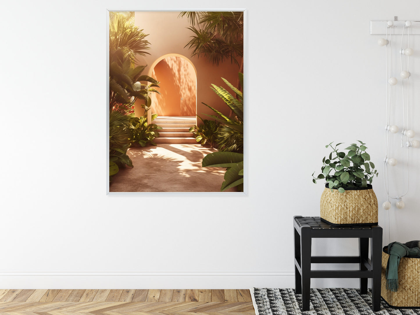 Poster Mexikanische Tür, Treppen Und Palmen Rahmen Holz Mit Passepartout Farbe Natürlich