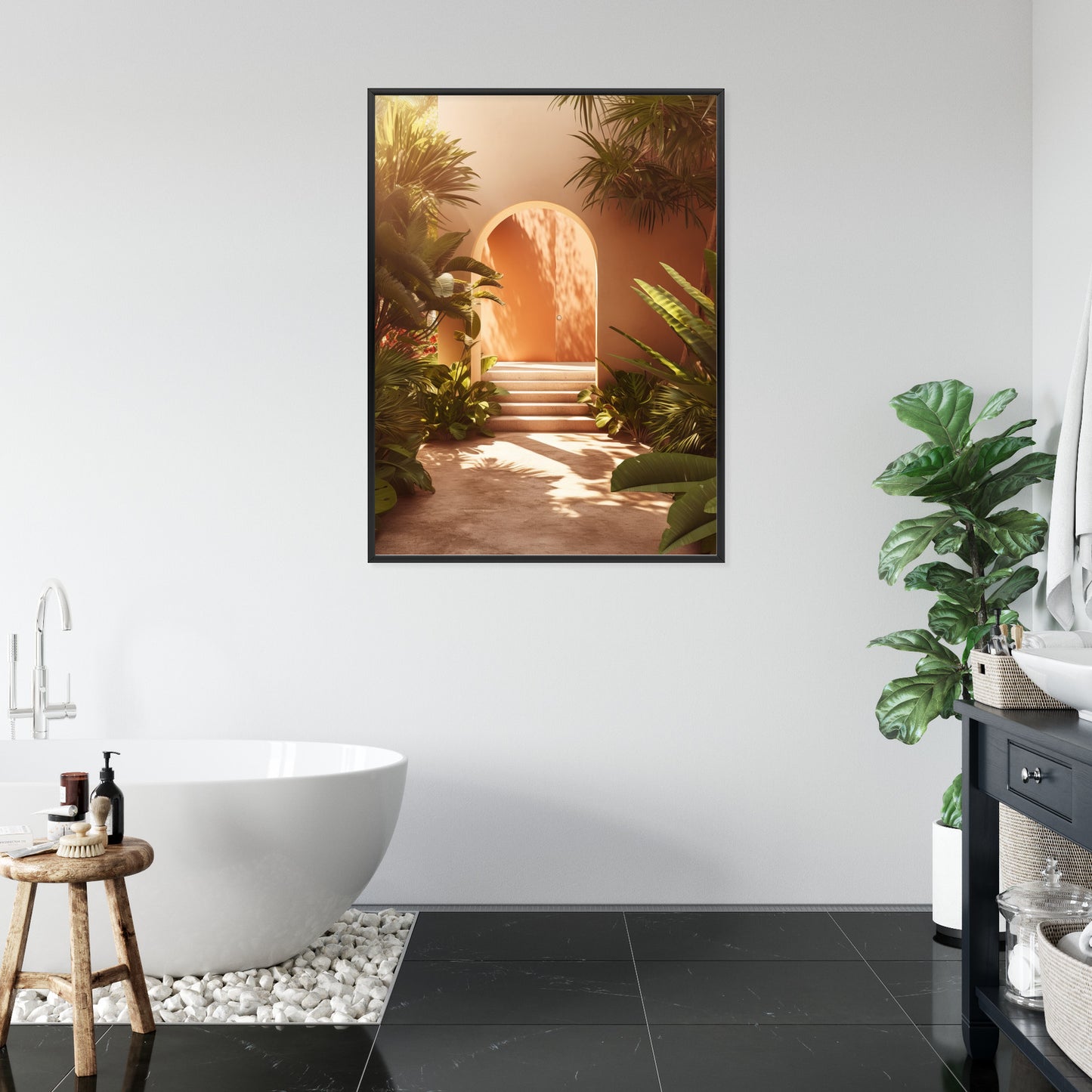 Poster Mexikanische Tür, Treppen Und Palmen Rahmen Holz Mit Passepartout Farbe Natürlich