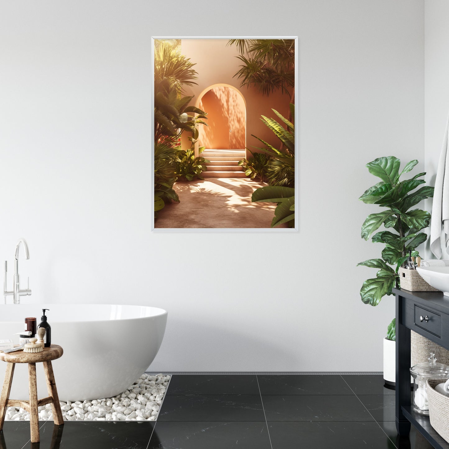 Poster Mexikanische Tür, Treppen Und Palmen Rahmen Holz Mit Passepartout Farbe Natürlich