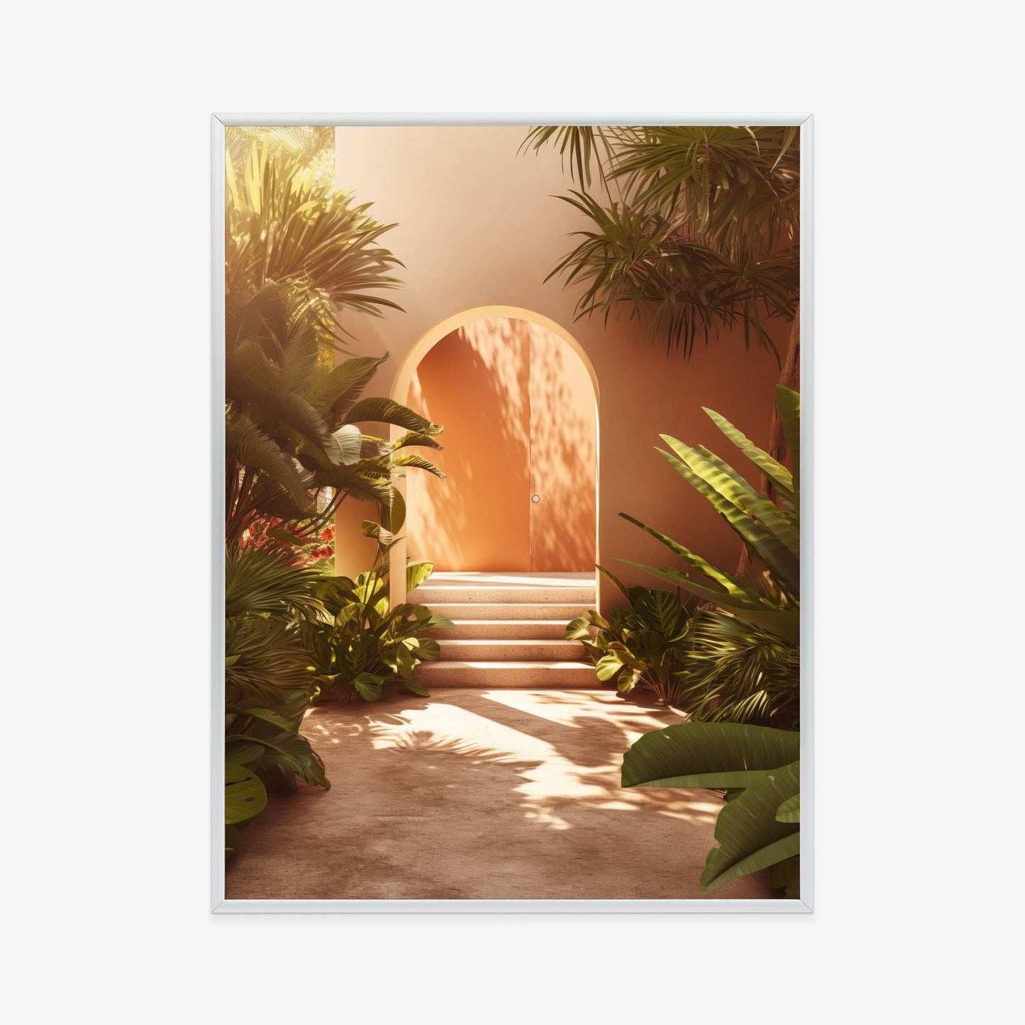 Poster Mexikanische Tür, Treppen Und Palmen Rahmen Holz Mit Passepartout Farbe Natürlich