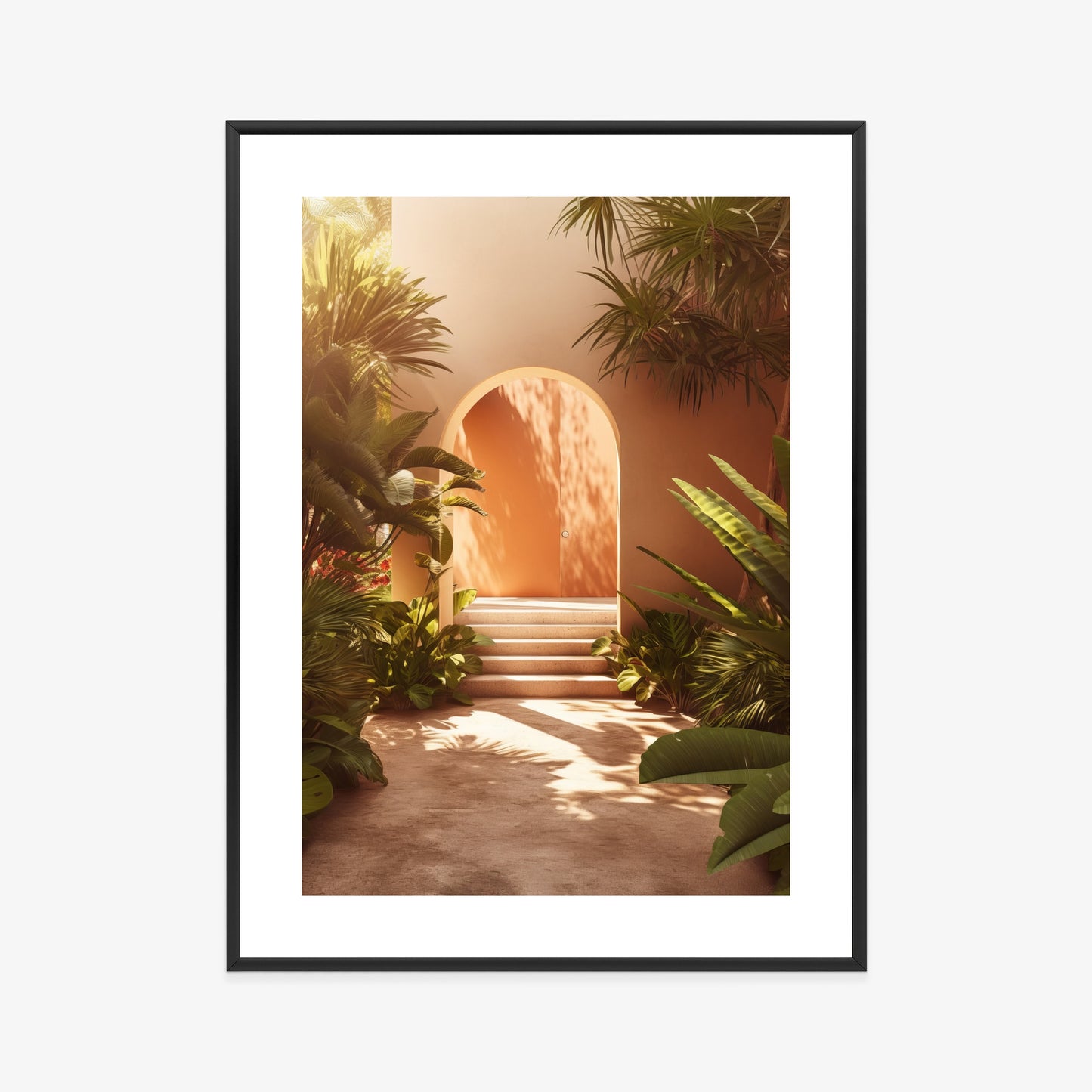 Poster Mexikanische Tür, Treppen Und Palmen Rahmen Holz Mit Passepartout Farbe Natürlich