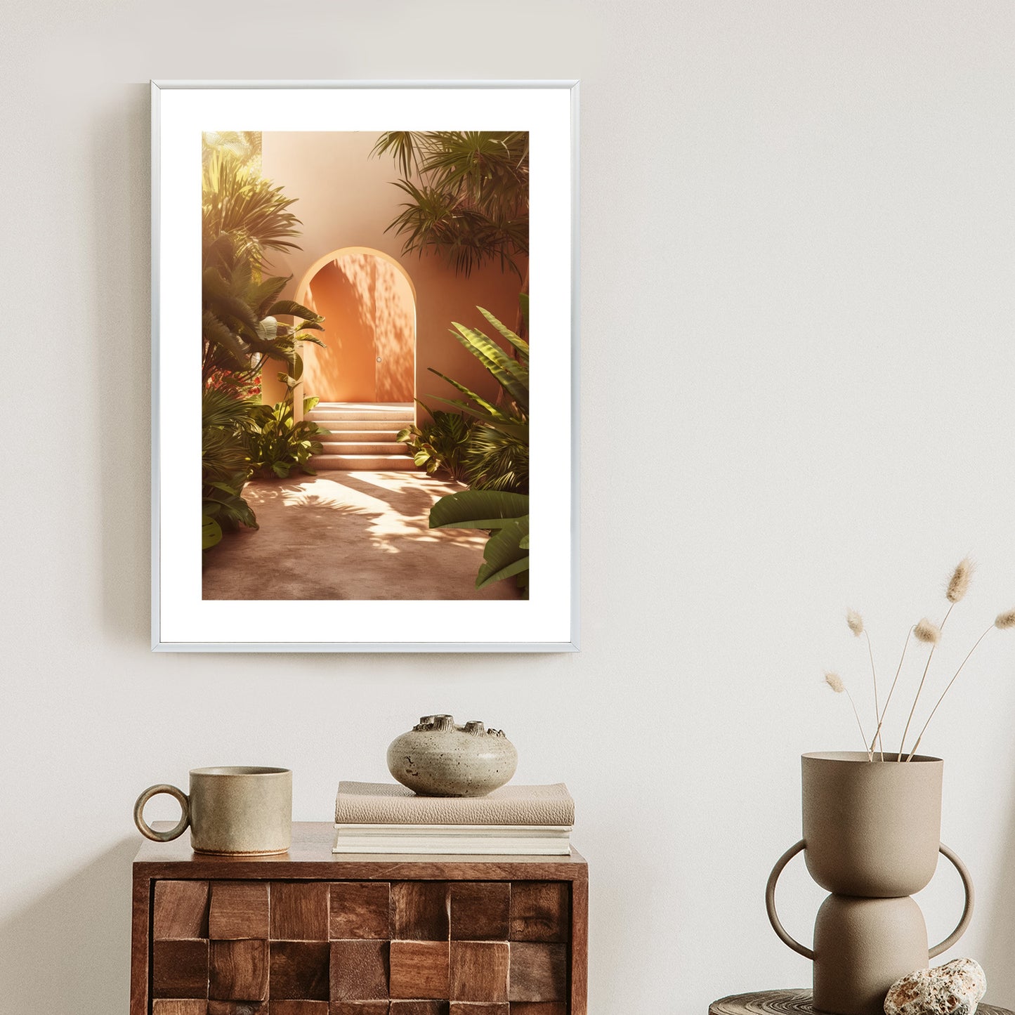 Poster Mexikanische Tür, Treppen Und Palmen Rahmen Holz Mit Passepartout Farbe Natürlich