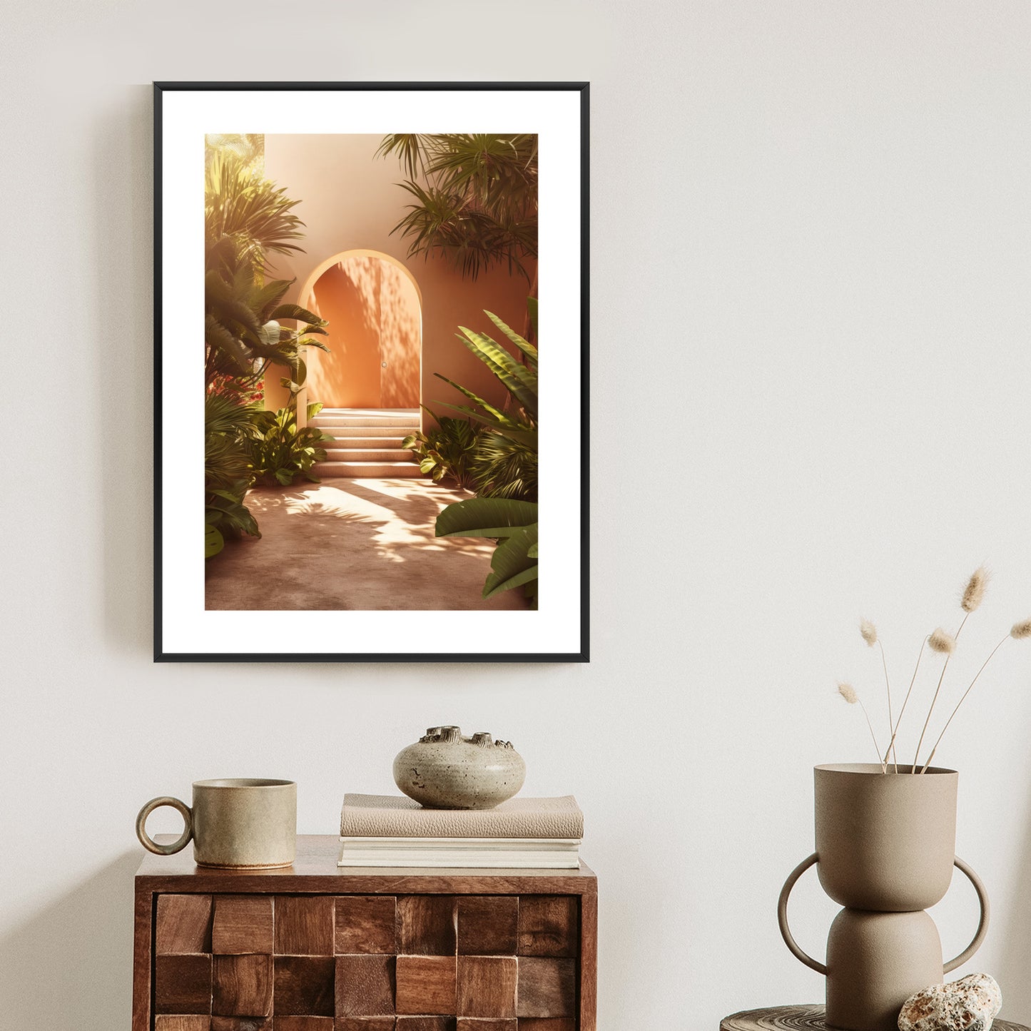 Poster Mexikanische Tür, Treppen Und Palmen Rahmen Holz Mit Passepartout Farbe Natürlich