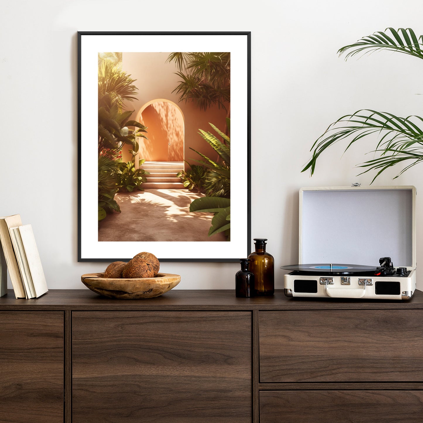 Poster Mexikanische Tür, Treppen Und Palmen Rahmen Holz Mit Passepartout Farbe Natürlich