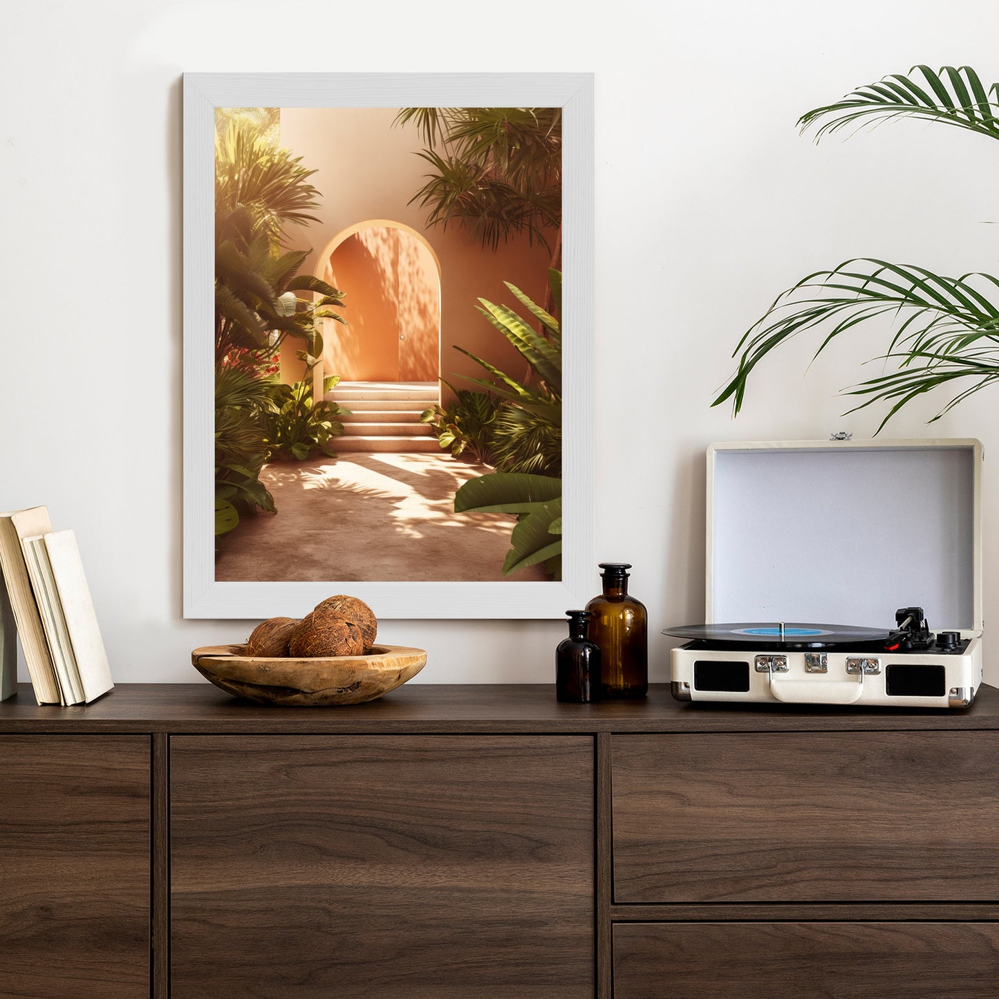 Poster Mexikanische Tür, Treppen Und Palmen Rahmen Holz Mit Passepartout Farbe Natürlich