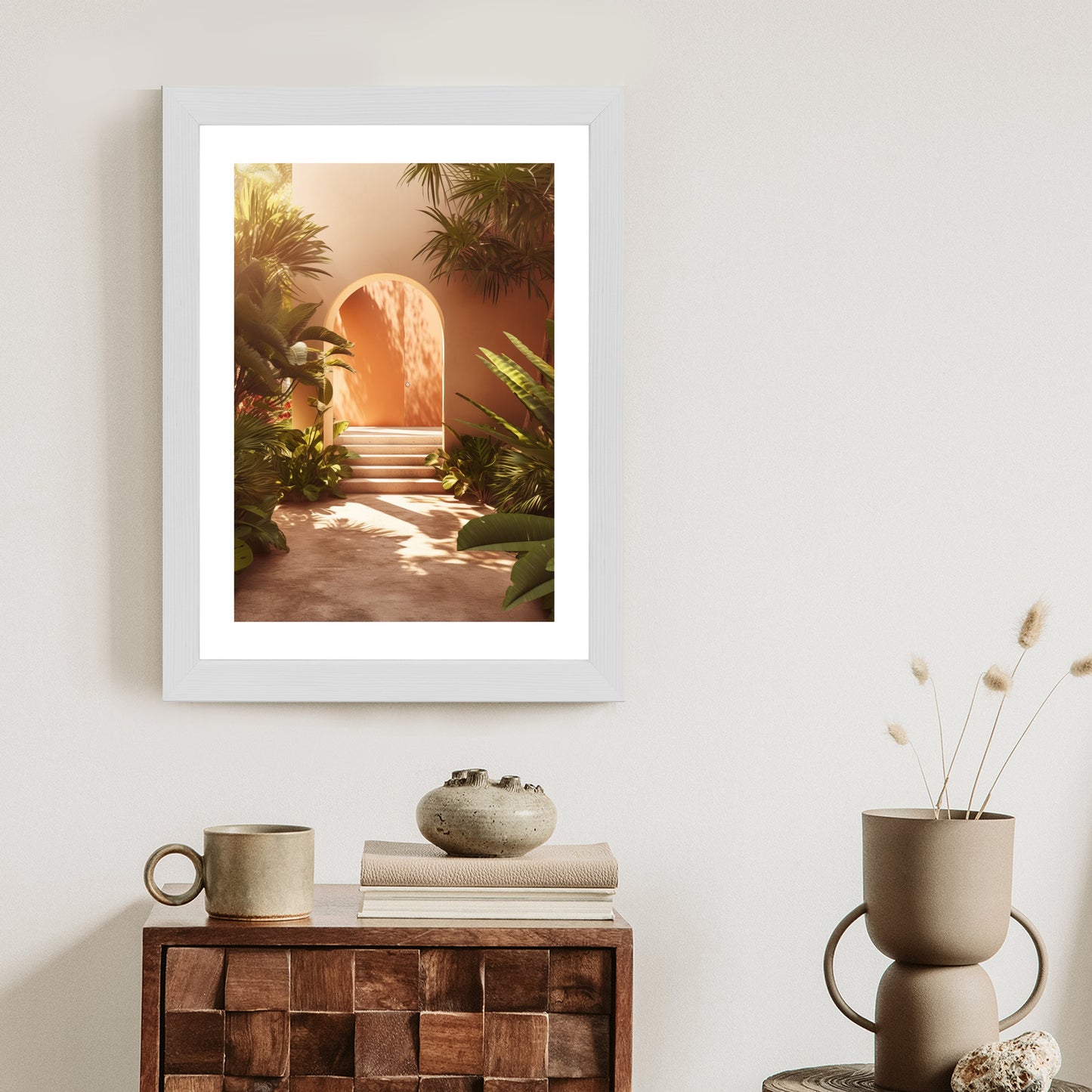 Poster Mexikanische Tür, Treppen Und Palmen Rahmen Holz Mit Passepartout Farbe Natürlich