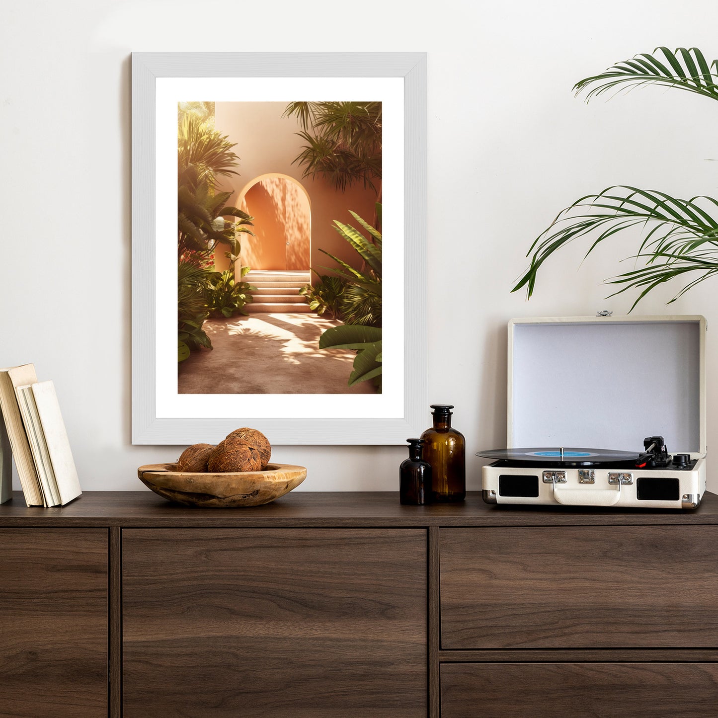 Poster Mexikanische Tür, Treppen Und Palmen Rahmen Holz Mit Passepartout Farbe Natürlich