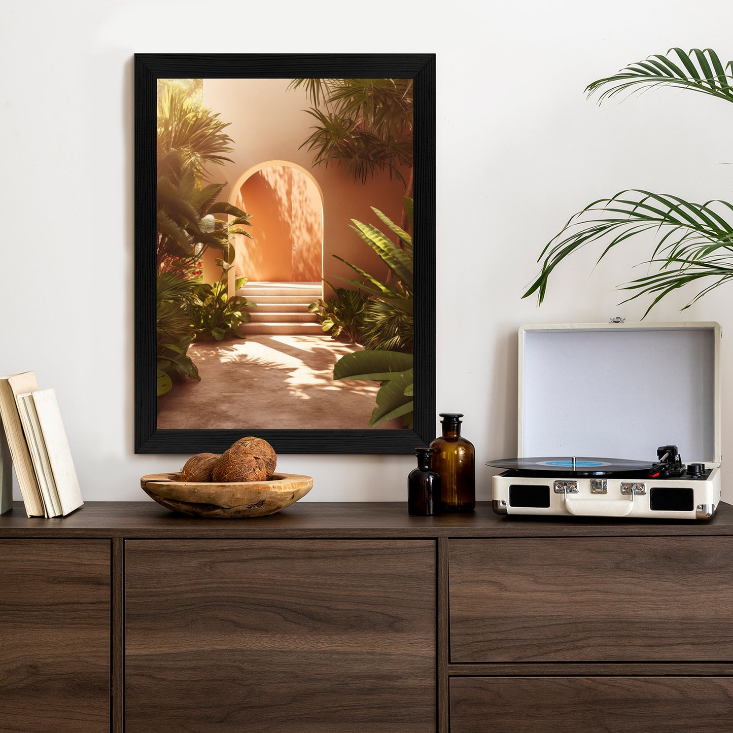 Poster Mexikanische Tür, Treppen Und Palmen Rahmen Holz Mit Passepartout Farbe Natürlich