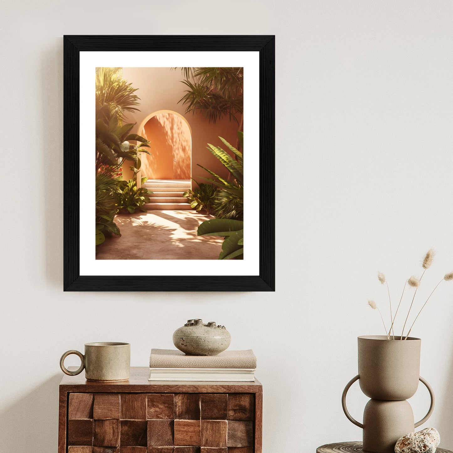 Poster Mexikanische Tür, Treppen Und Palmen Rahmen Holz Mit Passepartout Farbe Natürlich