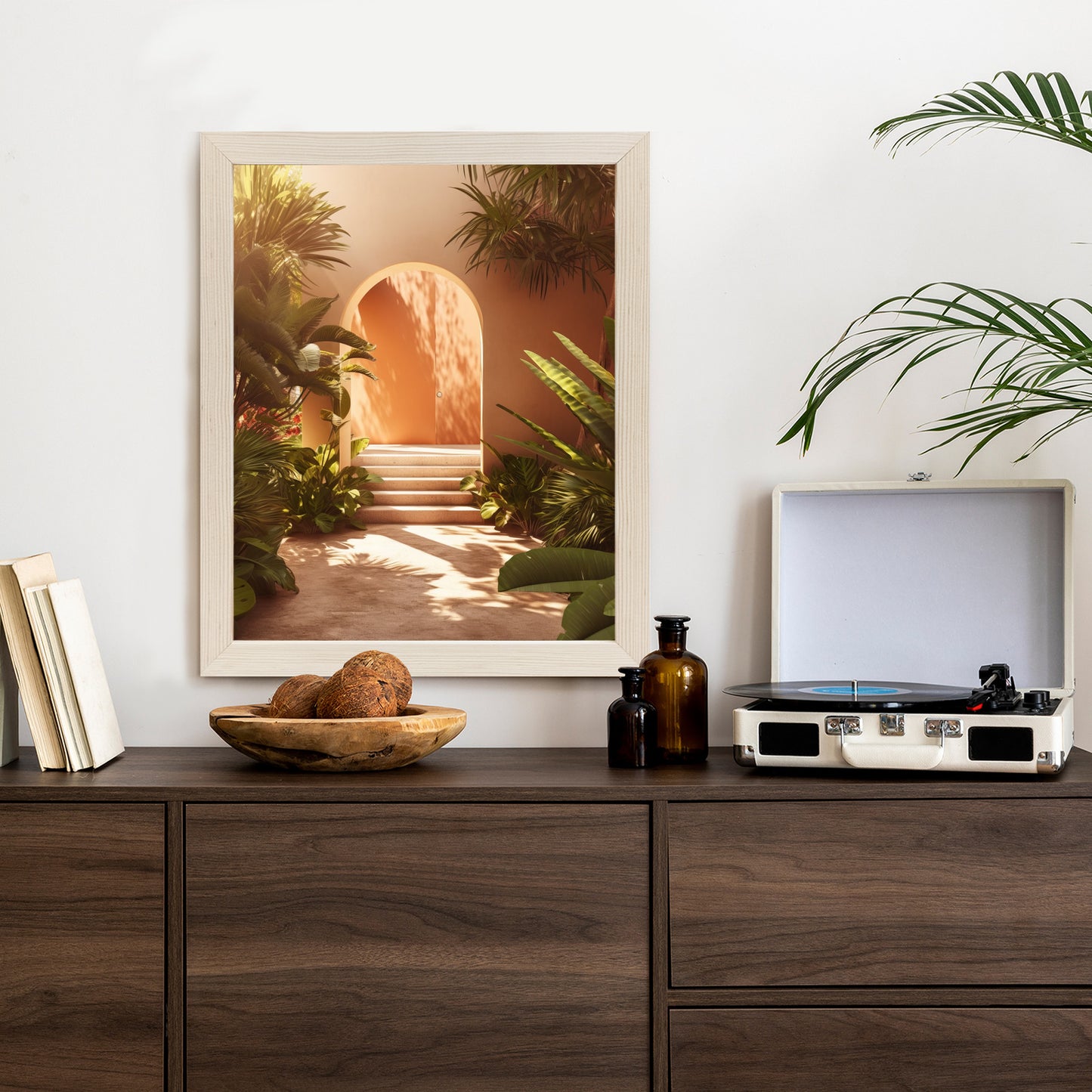 Poster Mexikanische Tür, Treppen Und Palmen Rahmen Holz Mit Passepartout Farbe Natürlich