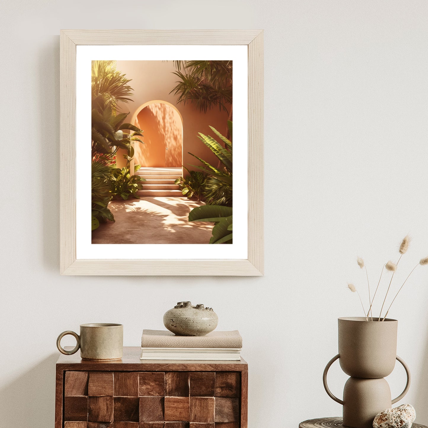 Poster Mexikanische Tür, Treppen Und Palmen Rahmen Holz Mit Passepartout Farbe Natürlich