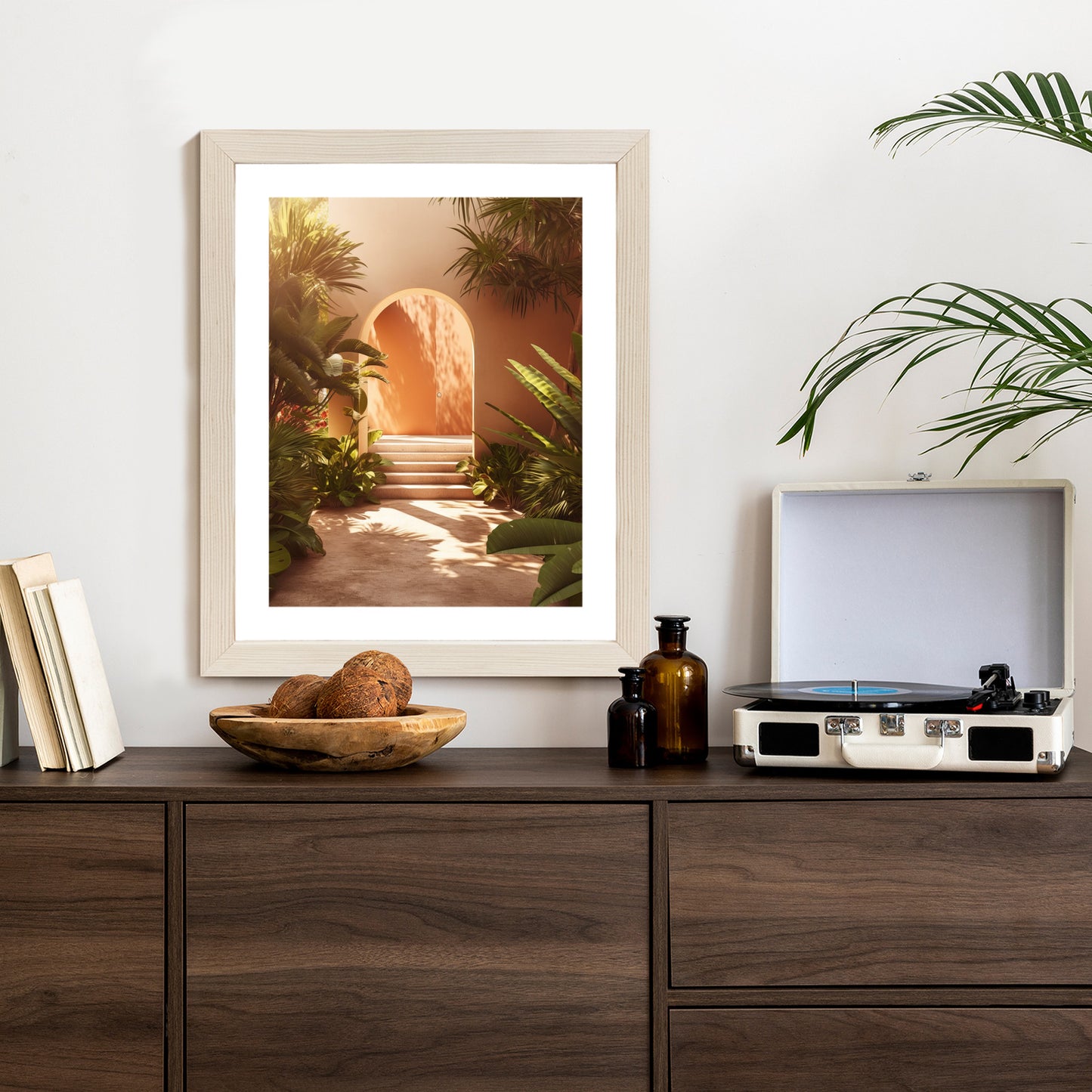 Poster Mexikanische Tür, Treppen Und Palmen Rahmen Holz Mit Passepartout Farbe Natürlich