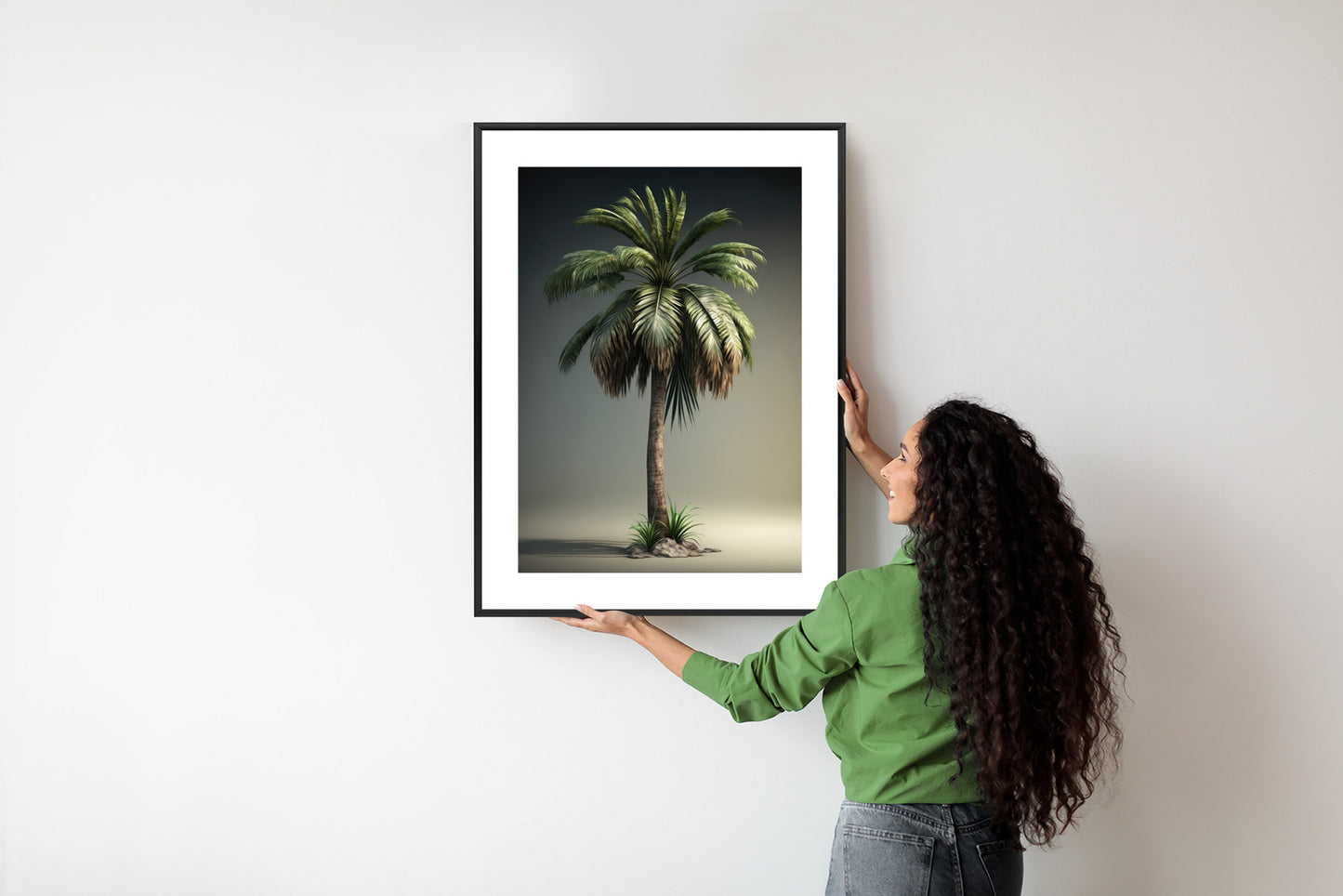 Poster Grüne Palme Rahmen Holz Mit Passepartout Farbe Natürlich