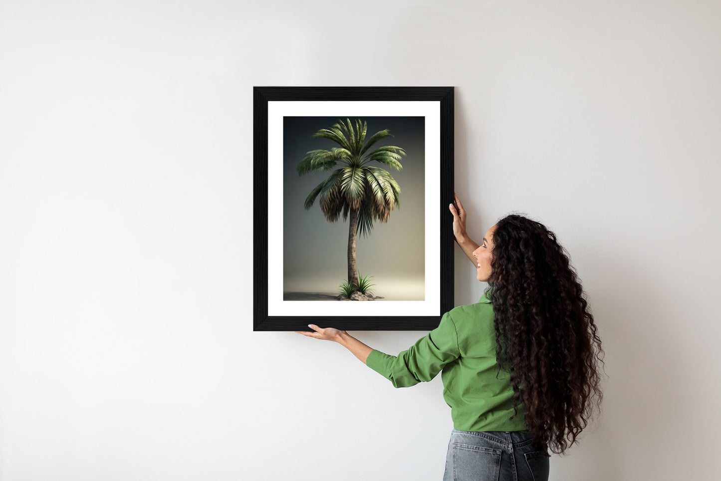 Poster Grüne Palme Rahmen Holz Mit Passepartout Farbe Natürlich