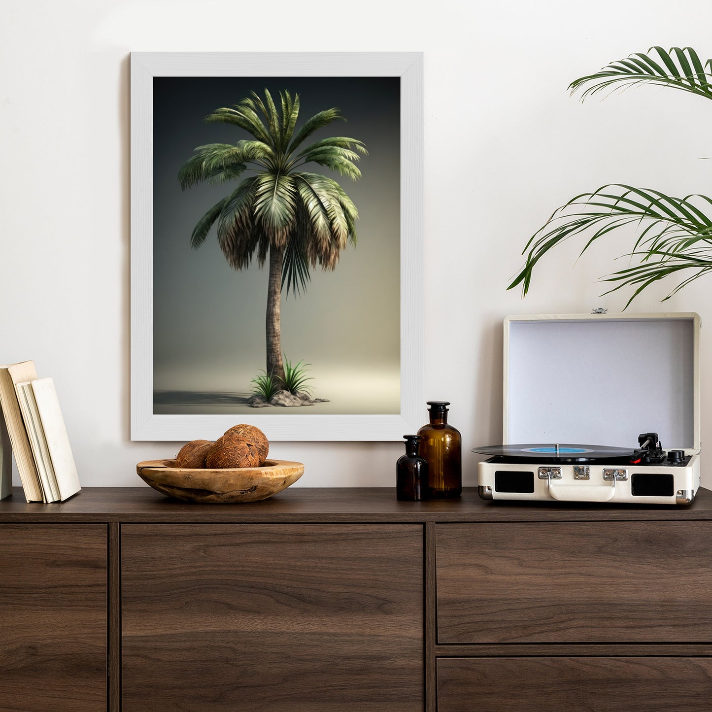 Poster Grüne Palme Rahmen Holz Mit Passepartout Farbe Natürlich
