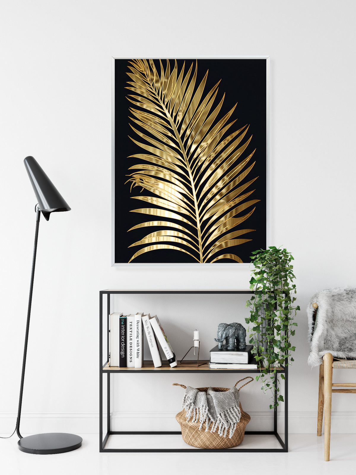 Poster Goldenes Einzelnes Palmenblatt Rahmen Holz Mit Passepartout Farbe Natürlich