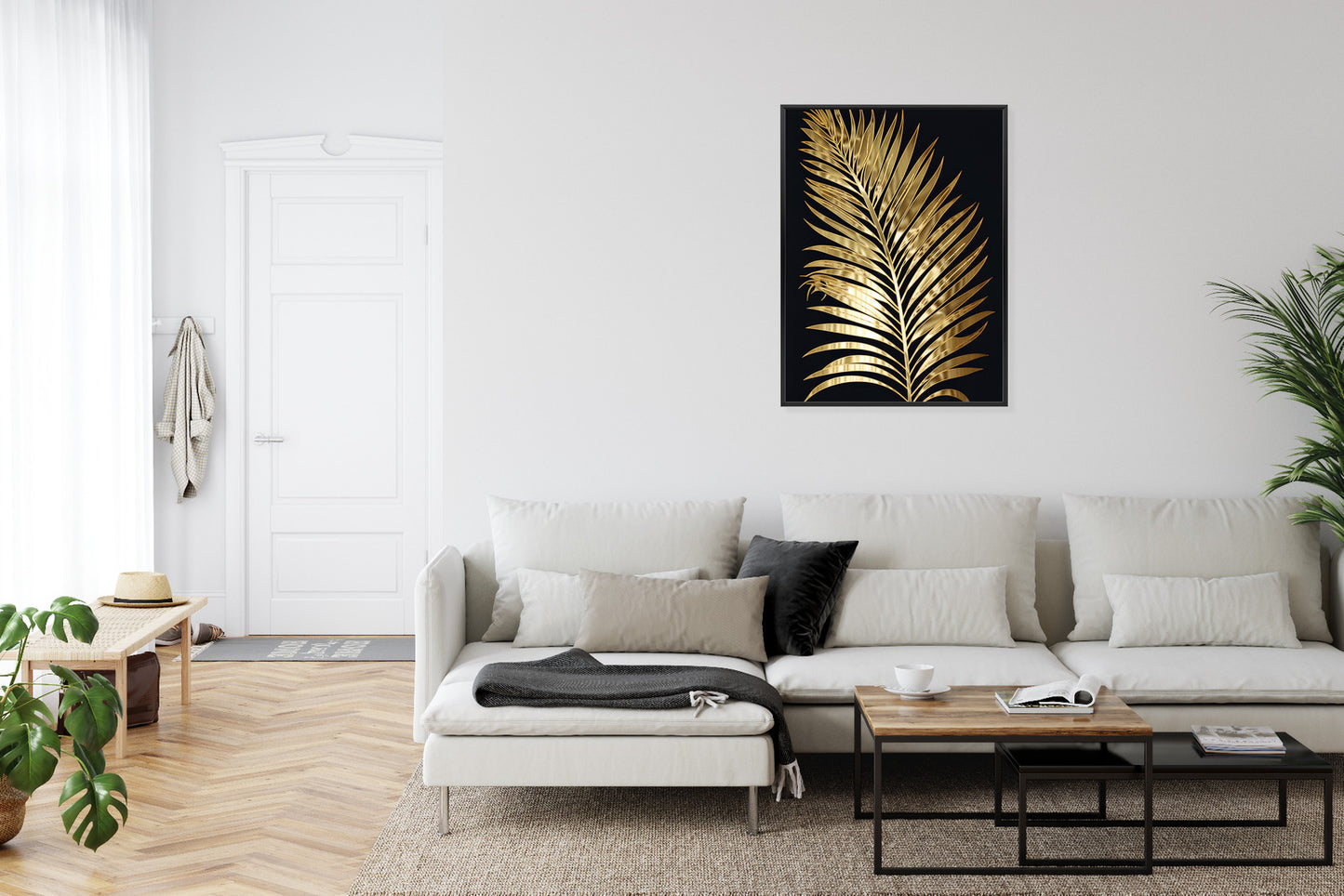Poster Goldenes Einzelnes Palmenblatt Rahmen Holz Mit Passepartout Farbe Natürlich