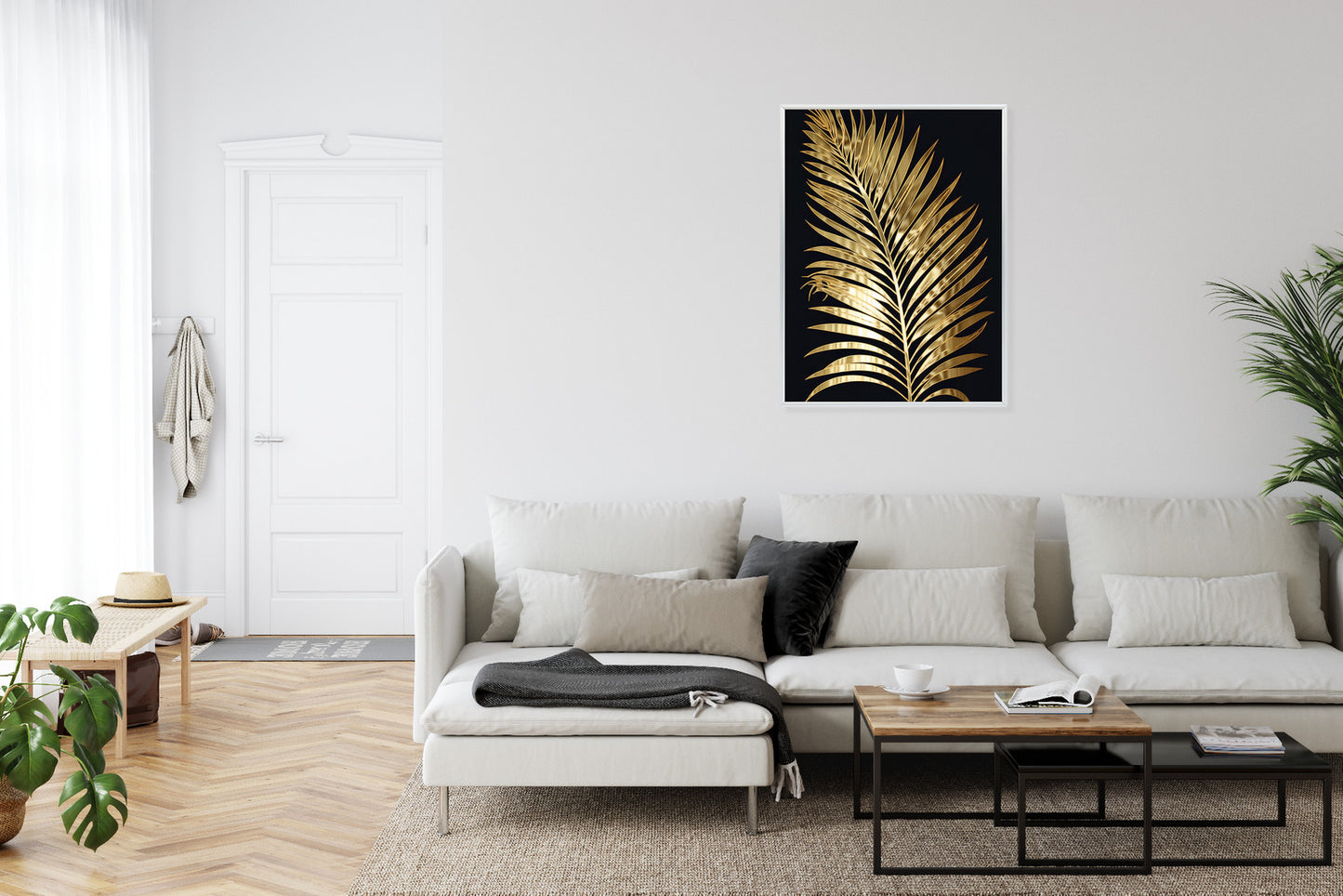 Poster Goldenes Einzelnes Palmenblatt Rahmen Holz Mit Passepartout Farbe Natürlich