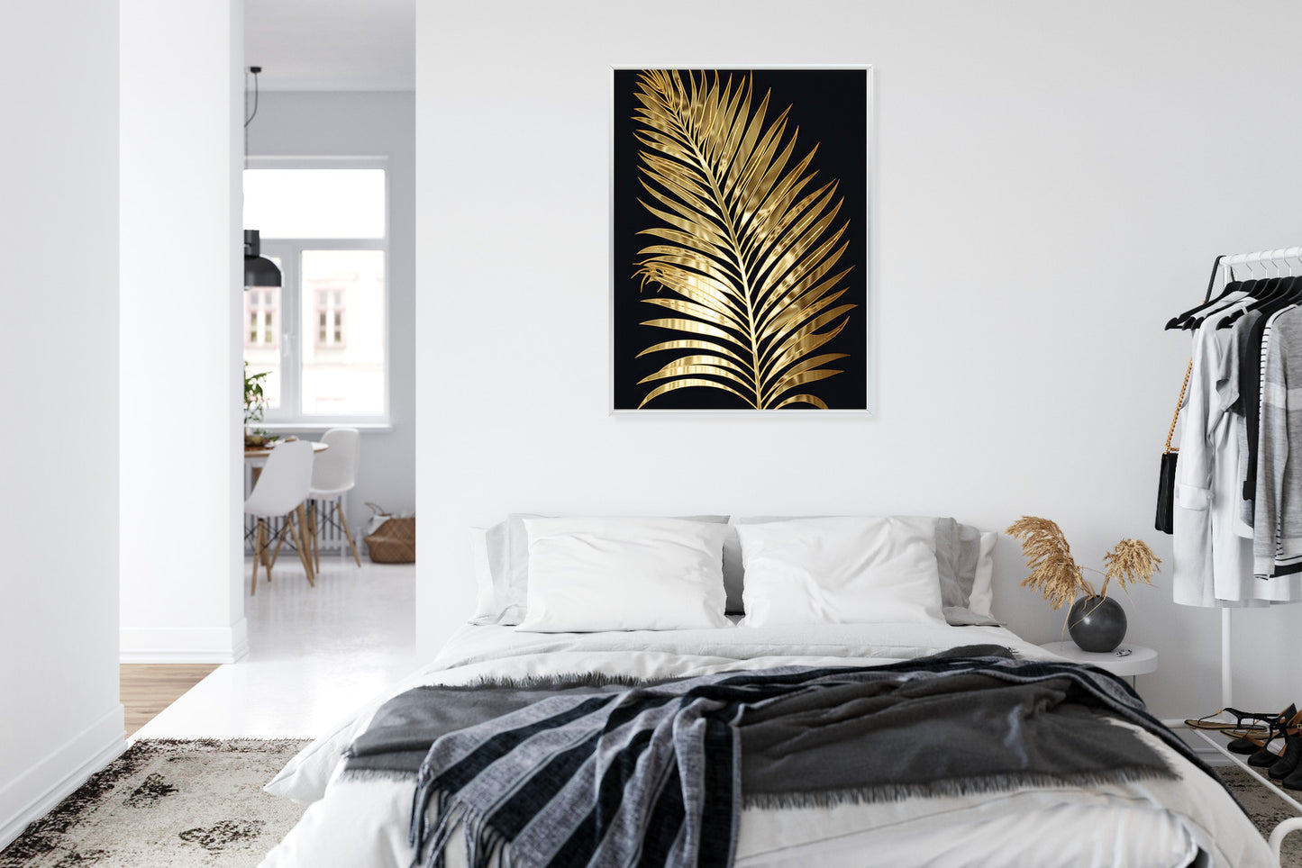 Poster Goldenes Einzelnes Palmenblatt Rahmen Holz Mit Passepartout Farbe Natürlich