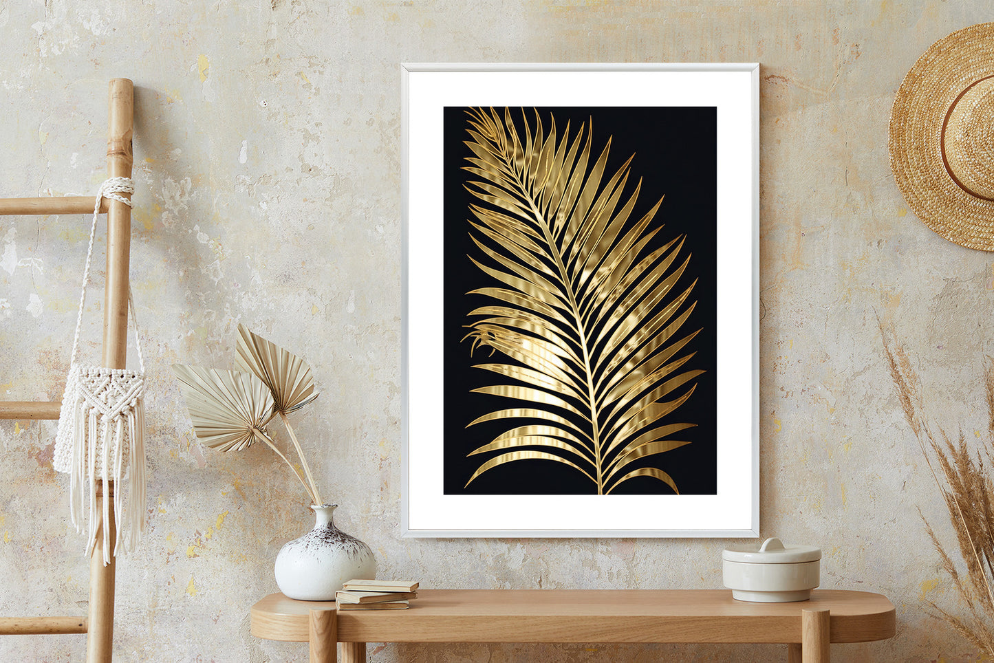 Poster Goldenes Einzelnes Palmenblatt Rahmen Holz Mit Passepartout Farbe Natürlich