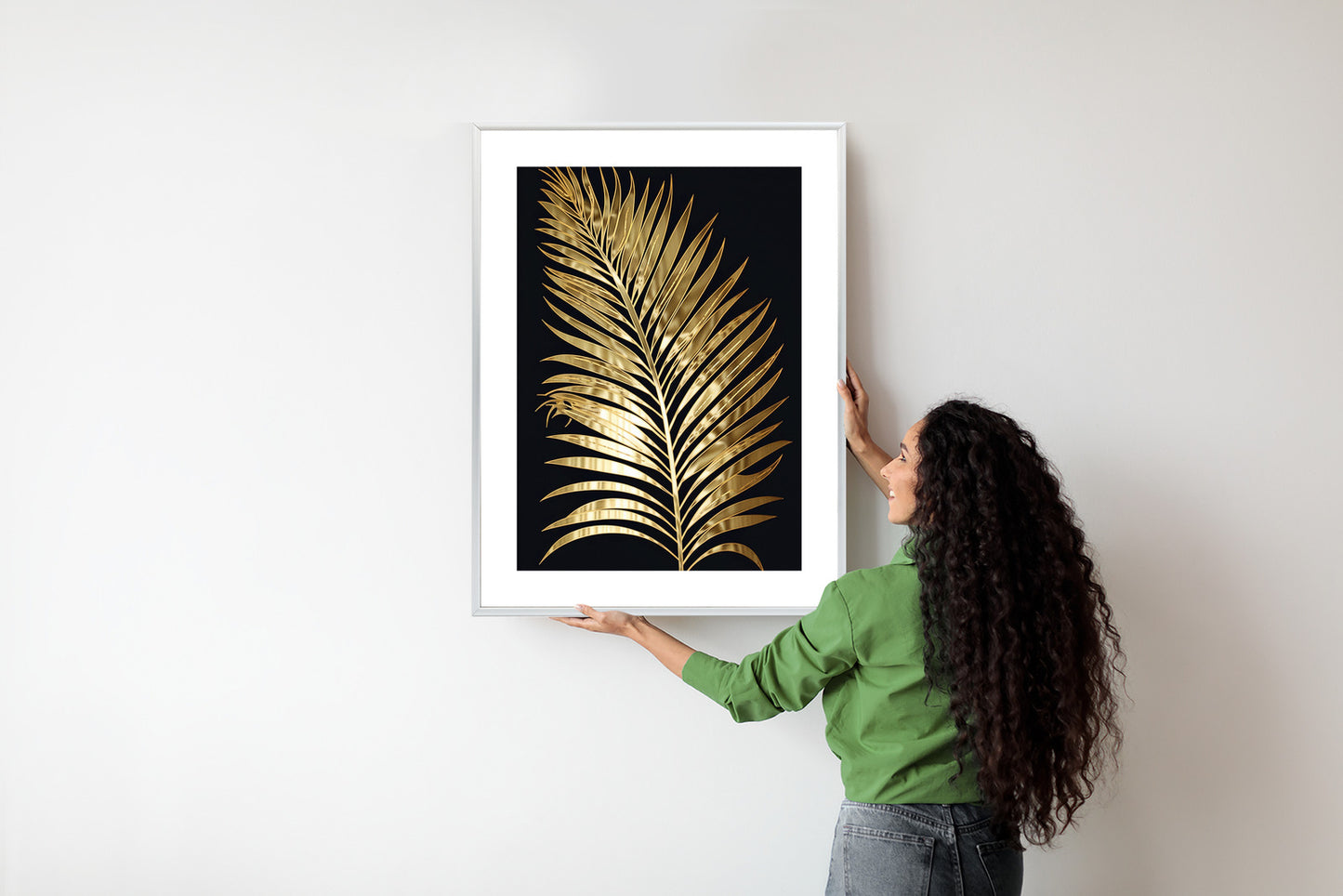 Poster Goldenes Einzelnes Palmenblatt Rahmen Holz Mit Passepartout Farbe Natürlich
