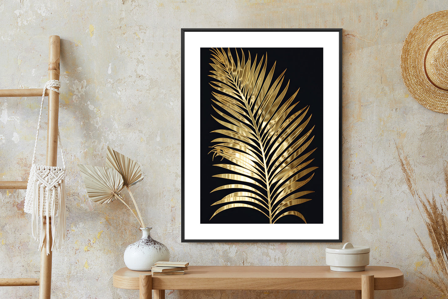 Poster Goldenes Einzelnes Palmenblatt Rahmen Holz Mit Passepartout Farbe Natürlich