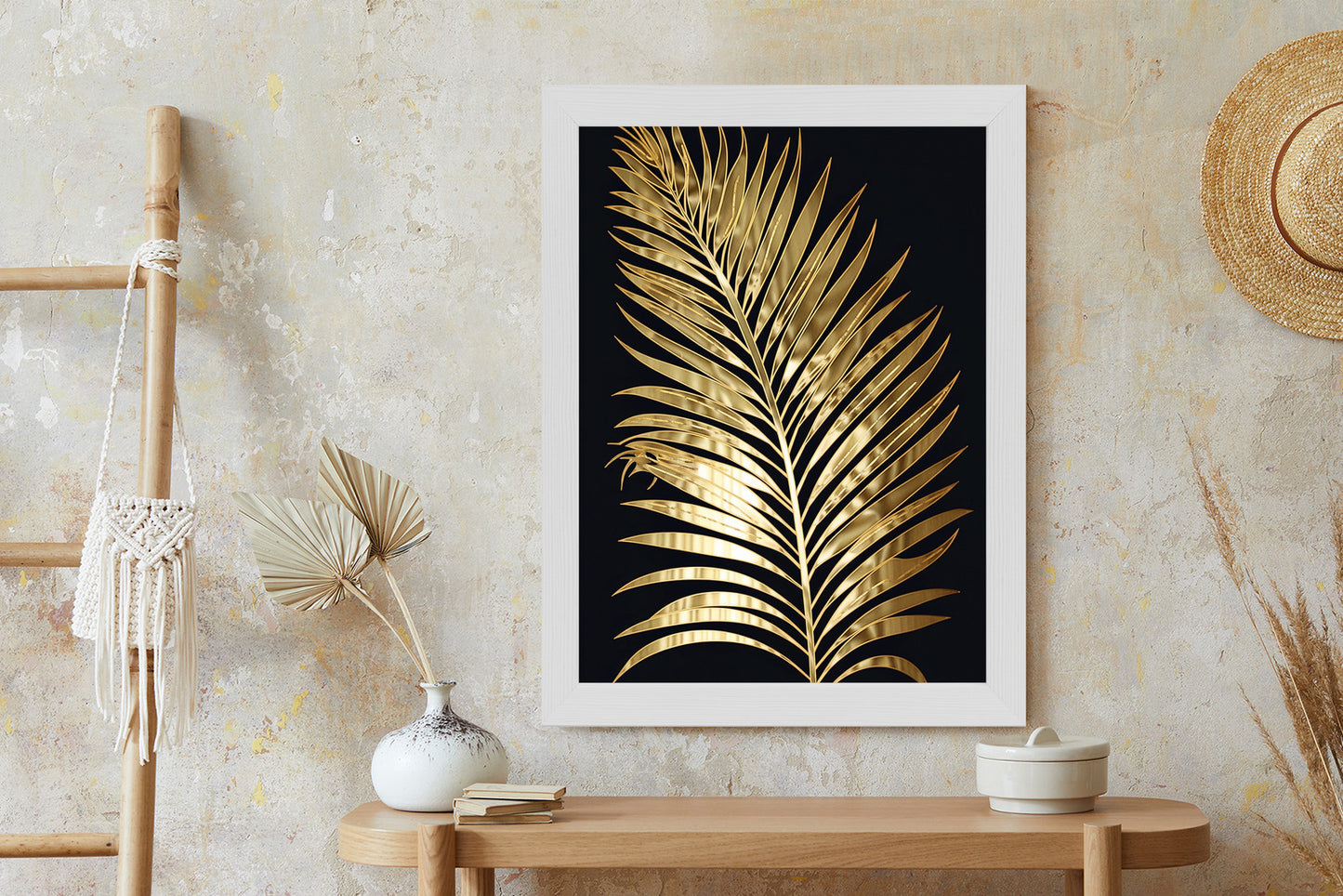 Poster Goldenes Einzelnes Palmenblatt Rahmen Holz Mit Passepartout Farbe Natürlich