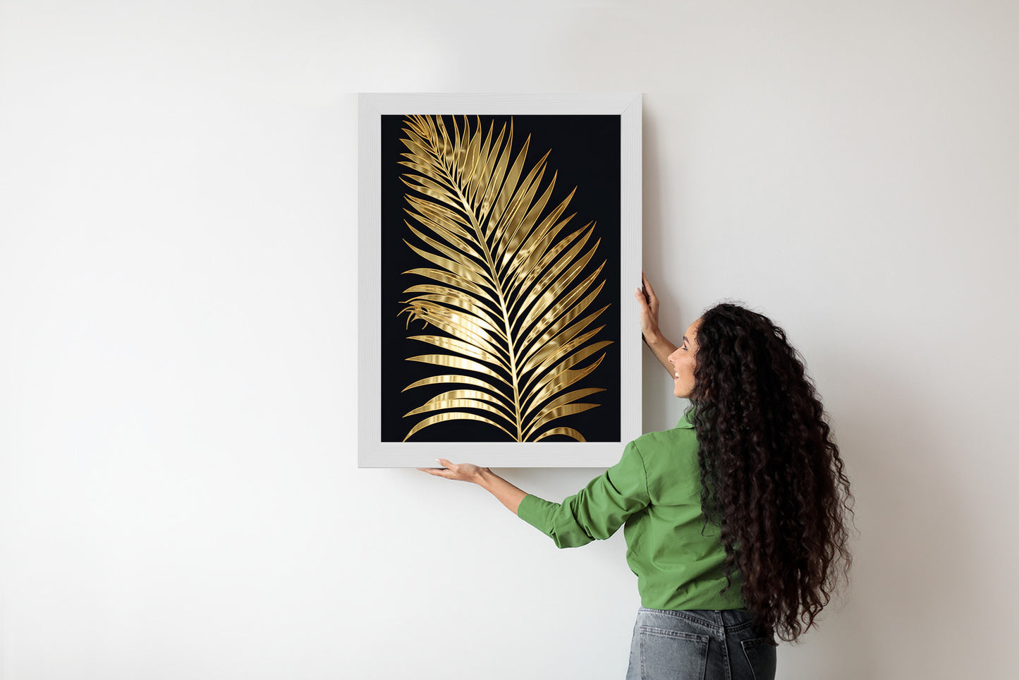 Poster Goldenes Einzelnes Palmenblatt Rahmen Holz Mit Passepartout Farbe Natürlich