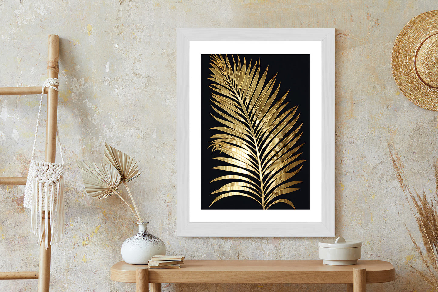 Poster Goldenes Einzelnes Palmenblatt Rahmen Holz Mit Passepartout Farbe Natürlich