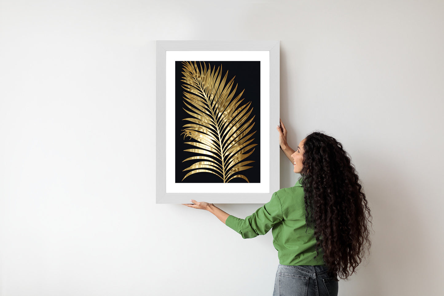 Poster Goldenes Einzelnes Palmenblatt Rahmen Holz Mit Passepartout Farbe Natürlich