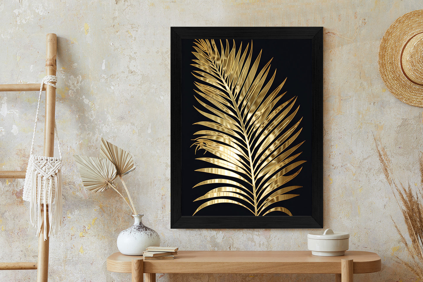 Poster Goldenes Einzelnes Palmenblatt Rahmen Holz Mit Passepartout Farbe Natürlich