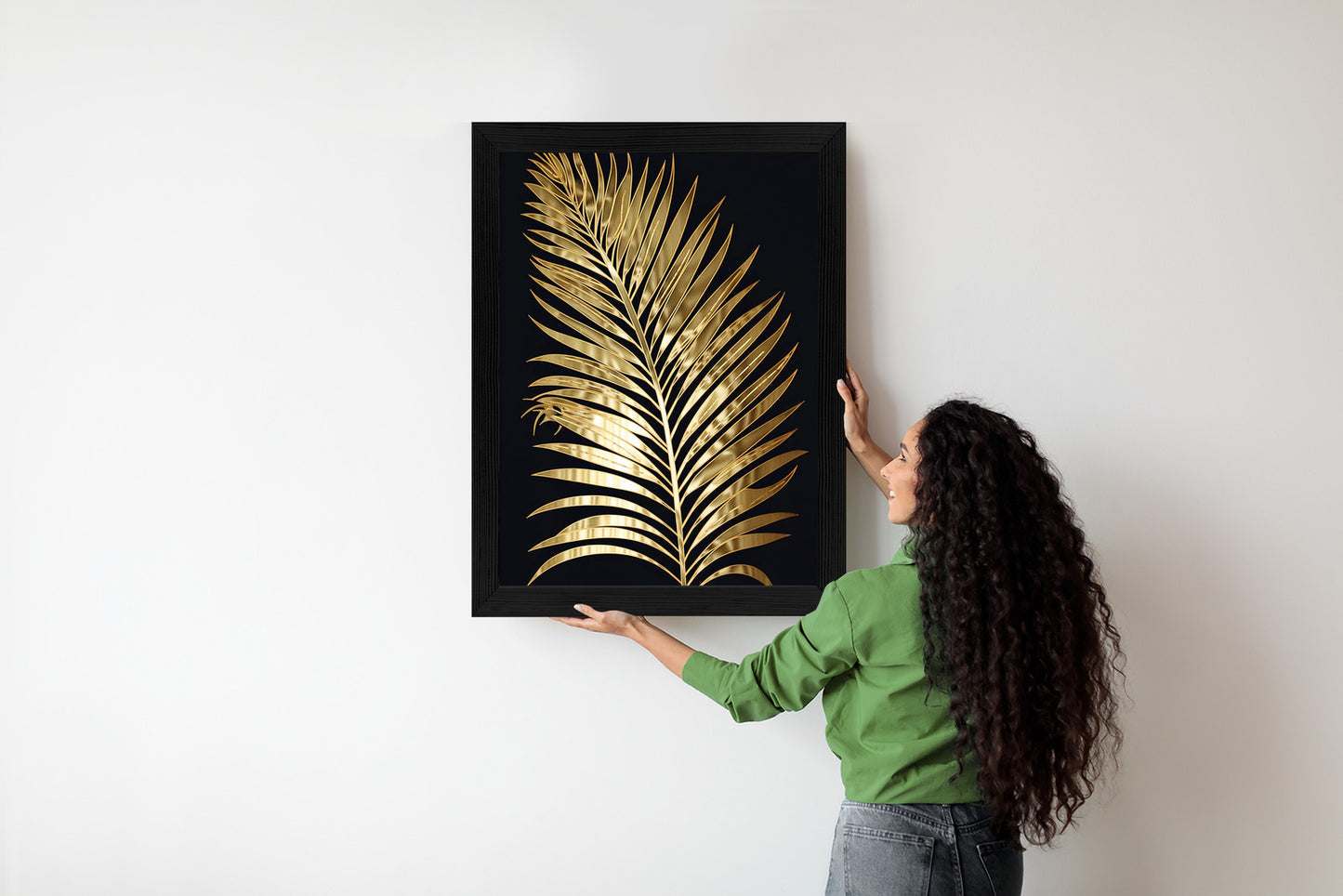 Poster Goldenes Einzelnes Palmenblatt Rahmen Holz Mit Passepartout Farbe Natürlich