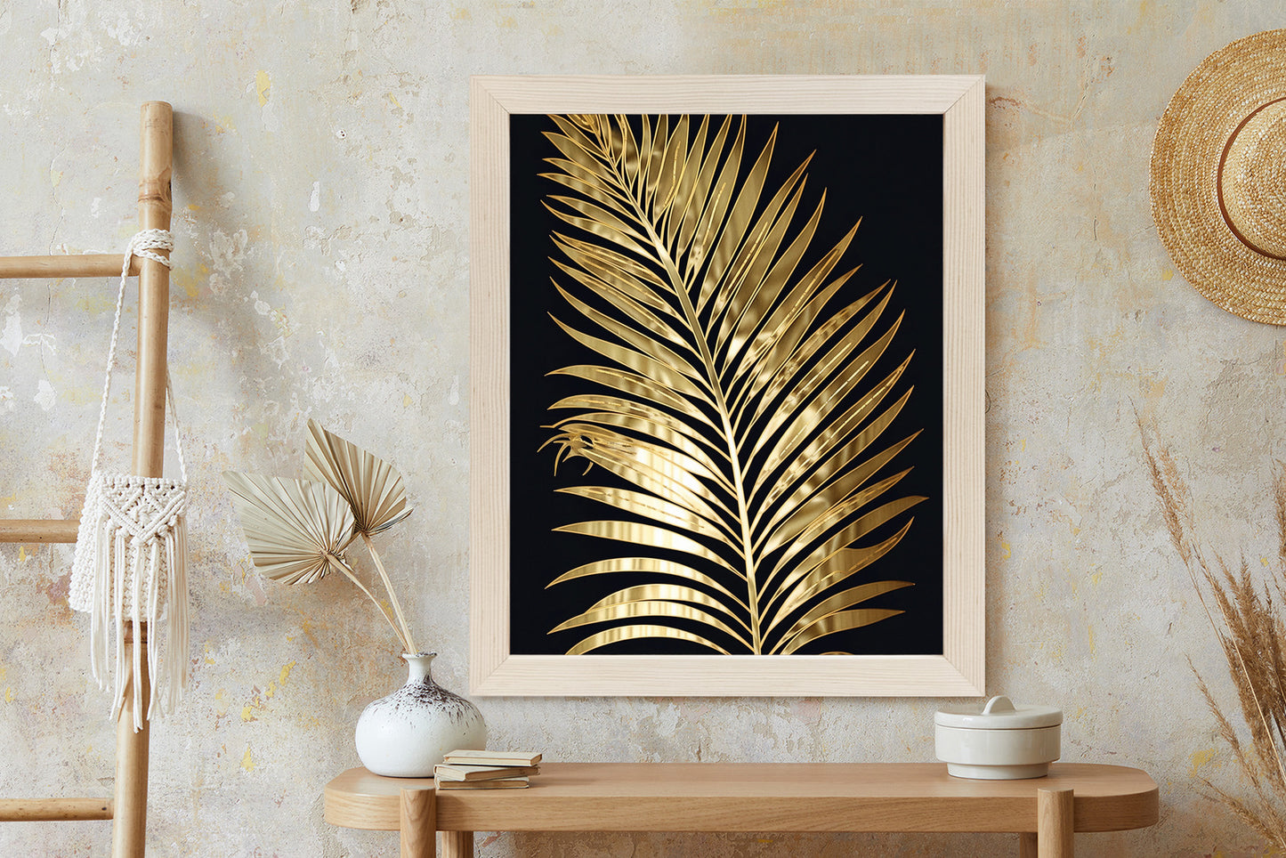 Poster Goldenes Einzelnes Palmenblatt Rahmen Holz Mit Passepartout Farbe Natürlich